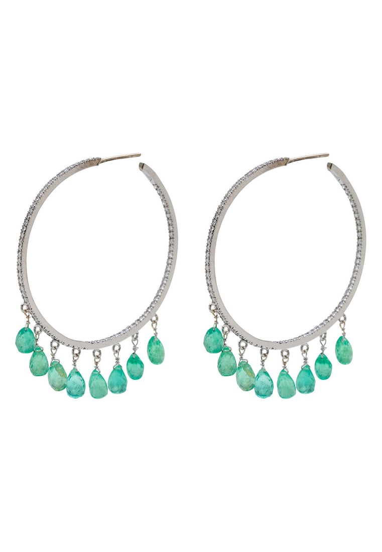 PAIR OF EMERALD AND DIAMOND HOOP EARRINGS: PAIR OF EMERALD AND DIAMOND HOOP EARRINGS Each large hoop set to the front with round brilliant-cut diamond and suspending eight emerald briolette, estimated total diamond weight 1.40 carats, 18ct