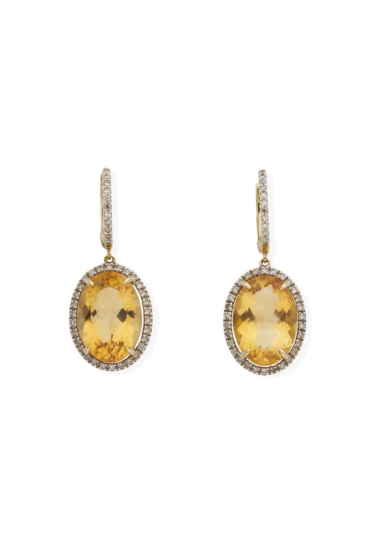 CITRINE AND DIAMOND EARRINGS: CITRINE AND DIAMOND EARRINGS The oval-shaped citrine drop earrings with diamond halo, mounted in 18k yellow gold, stamped 18k, 750, length 3.9cm, gross weight 6.8gm. For further information on this
