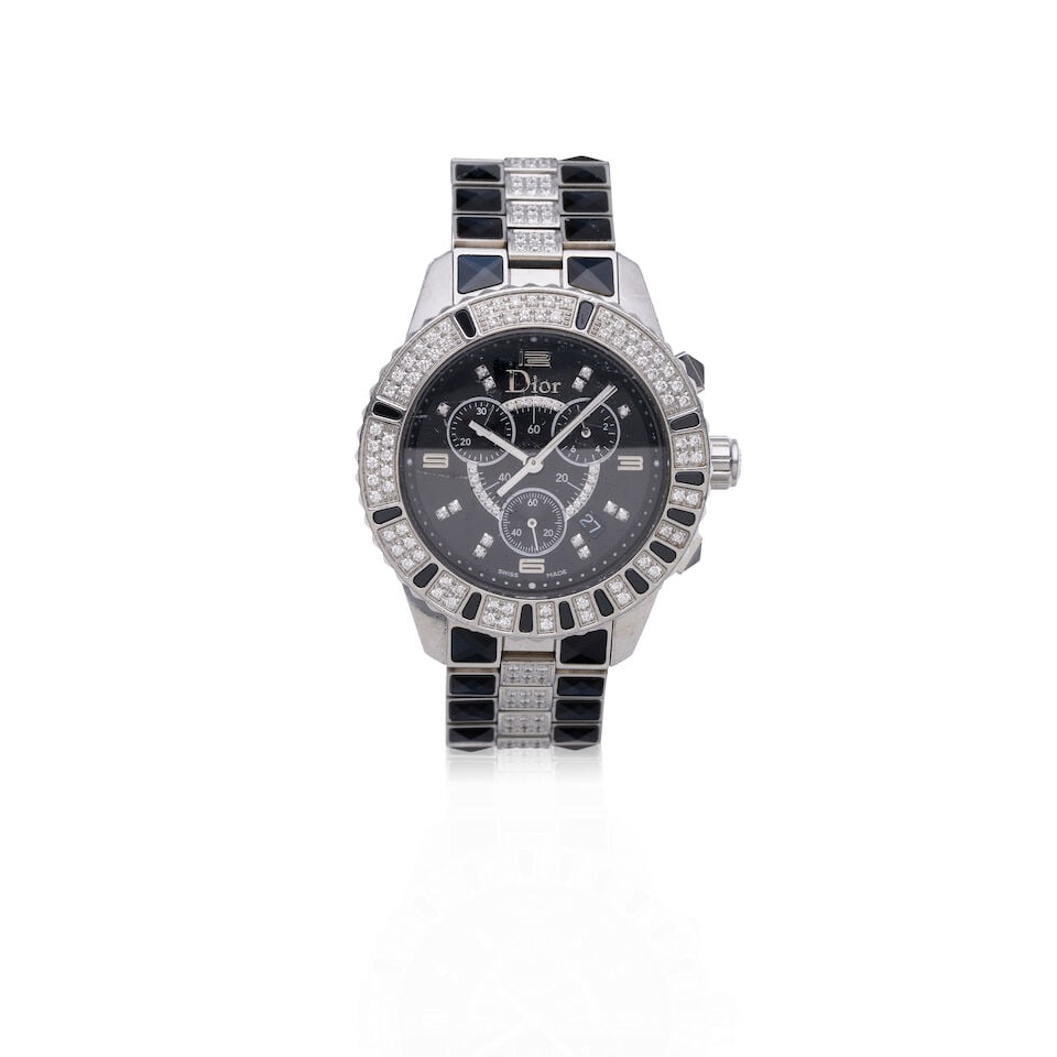 DIOR 'CHRISTAL' STAINLESS STEEL, DIAMOND AND BLACK CRYSTAL CHRONOGRAPH BRACELET WATCH (1 of 2)
