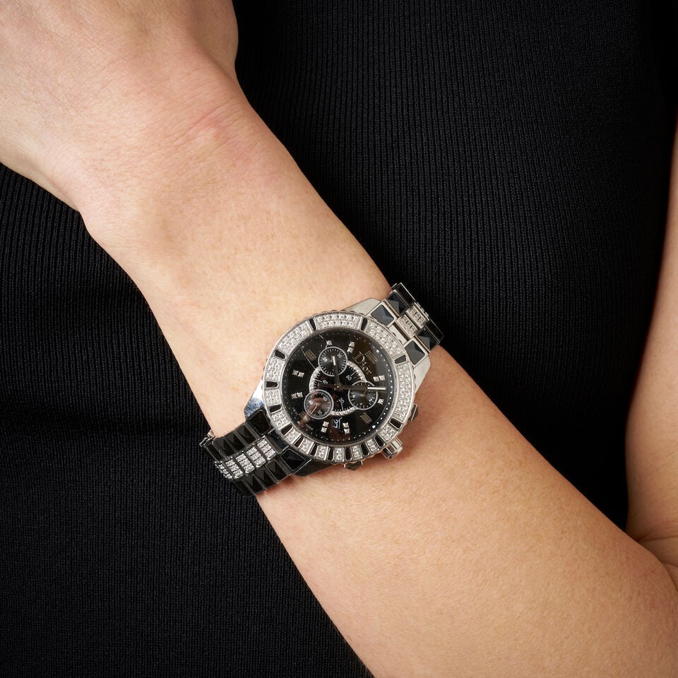 DIOR 'CHRISTAL' STAINLESS STEEL, DIAMOND AND BLACK CRYSTAL CHRONOGRAPH BRACELET WATCH - 2
