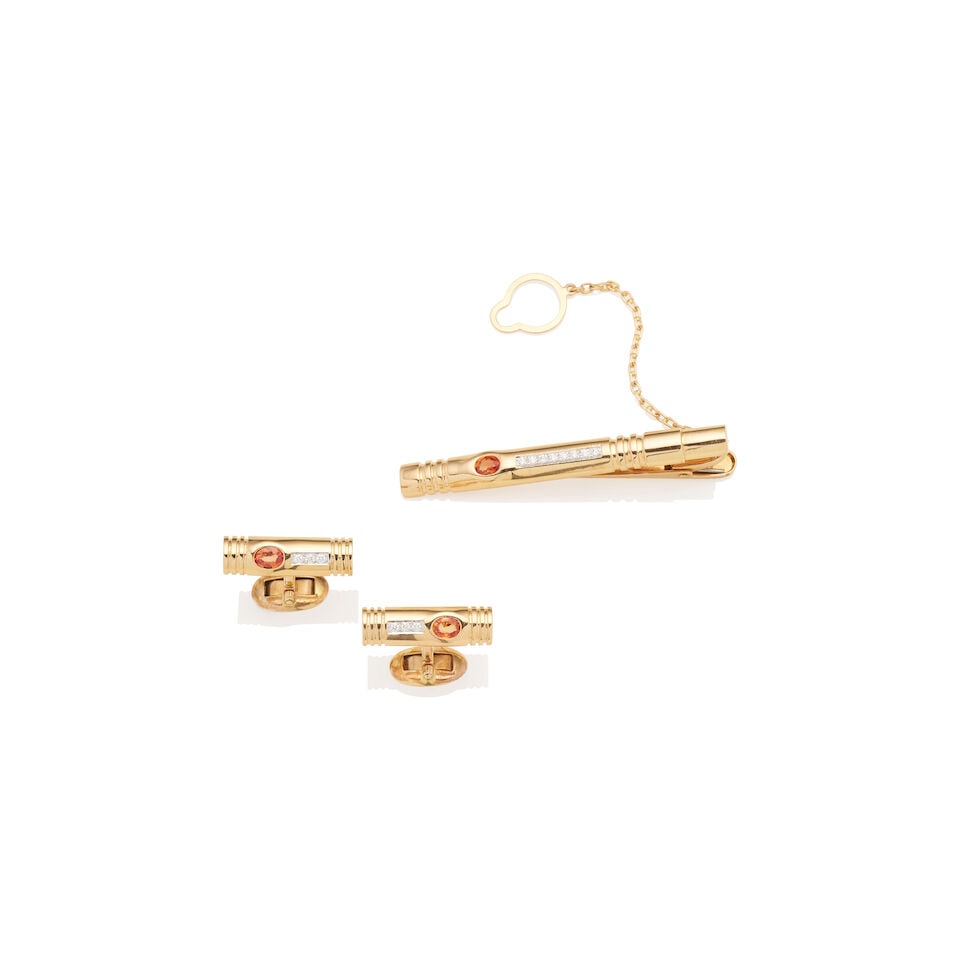 GENTLEMAN'S SAPPHIRE AND DIAMOND 18CT GOLD TIE CLIP AND CUFFLINKS (1 of 1)