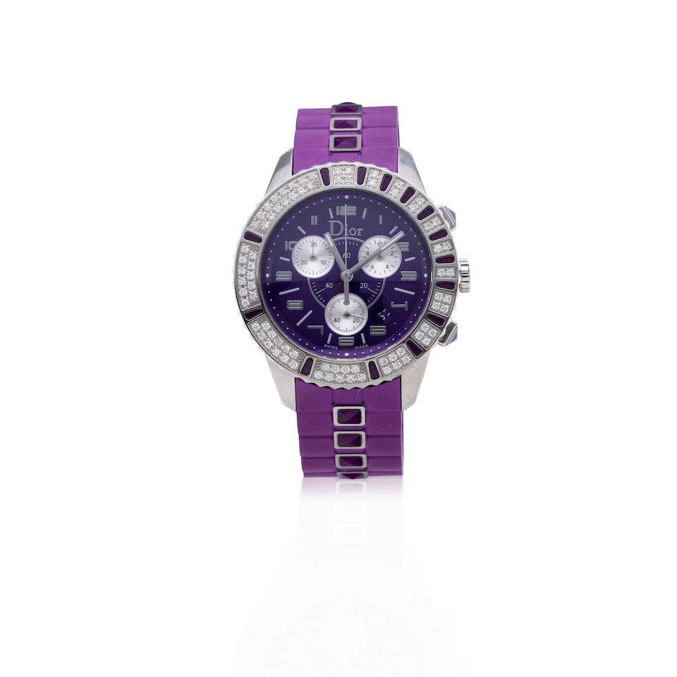 DIOR 'CHRISTAL' STAINLESS STEEL CHRONOGRAPH WATCH: DIOR 'CHRISTAL' STAINLESS STEEL CHRONOGRAPH WATCH Model: Christal Reference: CD1143IJ Movement: Jewelled quartz Dial: Purple and silver subsidiary dials Case: Polished round, diamond and purple crysta