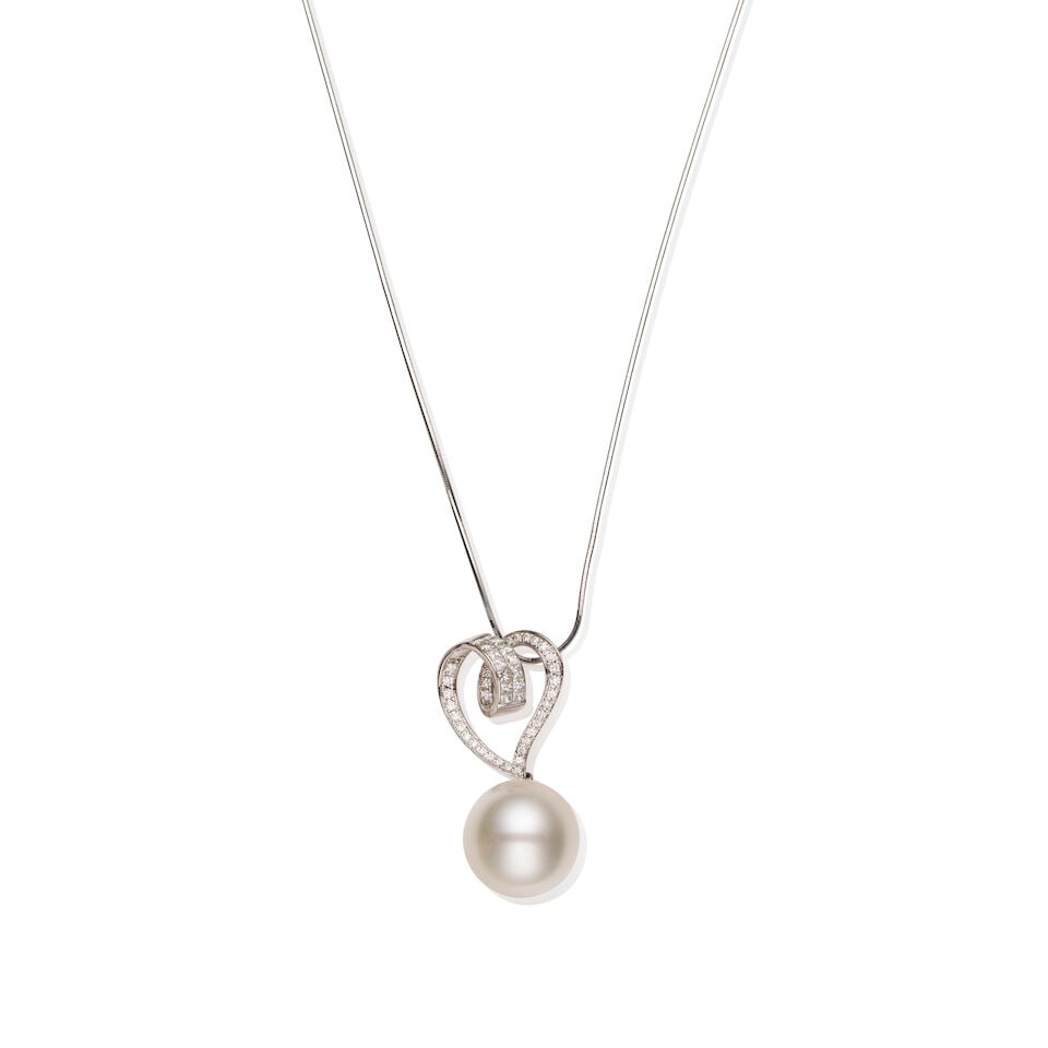 CULTURED SOUTH SEA PEARL AND DIAMOND PENDANT: CULTURED SOUTH SEA PEARL AND DIAMOND PENDANT - Open-heart pearl pendant necklace suspended on a fine snake chain, full length approximately 40cm. - One 14mm white cultured South Sea round pearl with