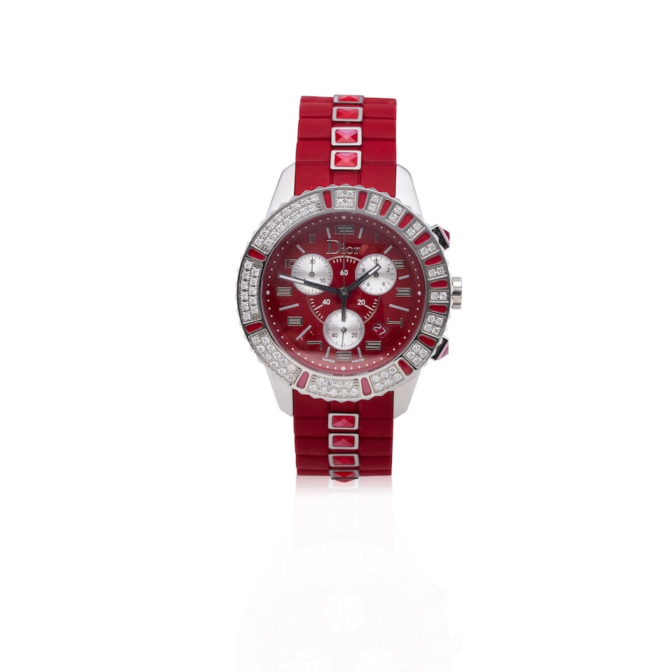 DIOR 'CHRISTAL' STAINLESS STEEL AND DIAMOND CHRONOGRAPH WATCH: DIOR 'CHRISTAL' STAINLESS STEEL AND DIAMOND CHRONOGRAPH WATCH Model: Christal Reference: CD114431B Movement: Jewelled quartz Dial: Red and silver subsidiary dials Case: Polished round, diamond and red