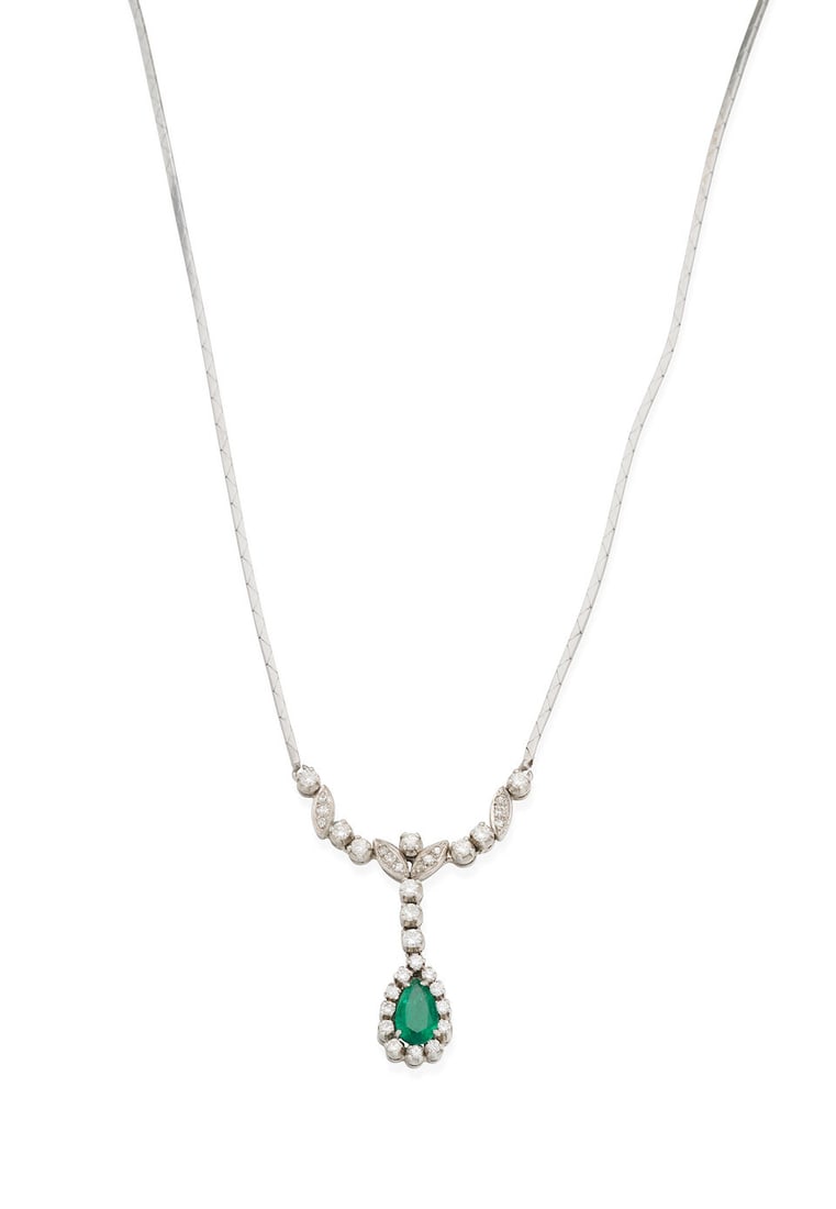 EMERALD AND DIAMOND PENDANT NECKLACE: EMERALD AND DIAMOND PENDANT NECKLACE The fancy link necklace set to the front with a diamond set garland suspending a pear-shaped emerald, estimated weight 0.70 carats, framed with brilliant-cut diamo