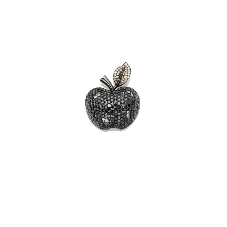 CERRONE | BLACK AND WHITE DIAMOND APPLE PENDANT: CERRONE | BLACK AND WHITE DIAMOND APPLE PENDANT - Whimsical apple pendant pave-set throughout in blackened gold - Predominantly round brilliant cut black diamonds with scattered white diamonds,