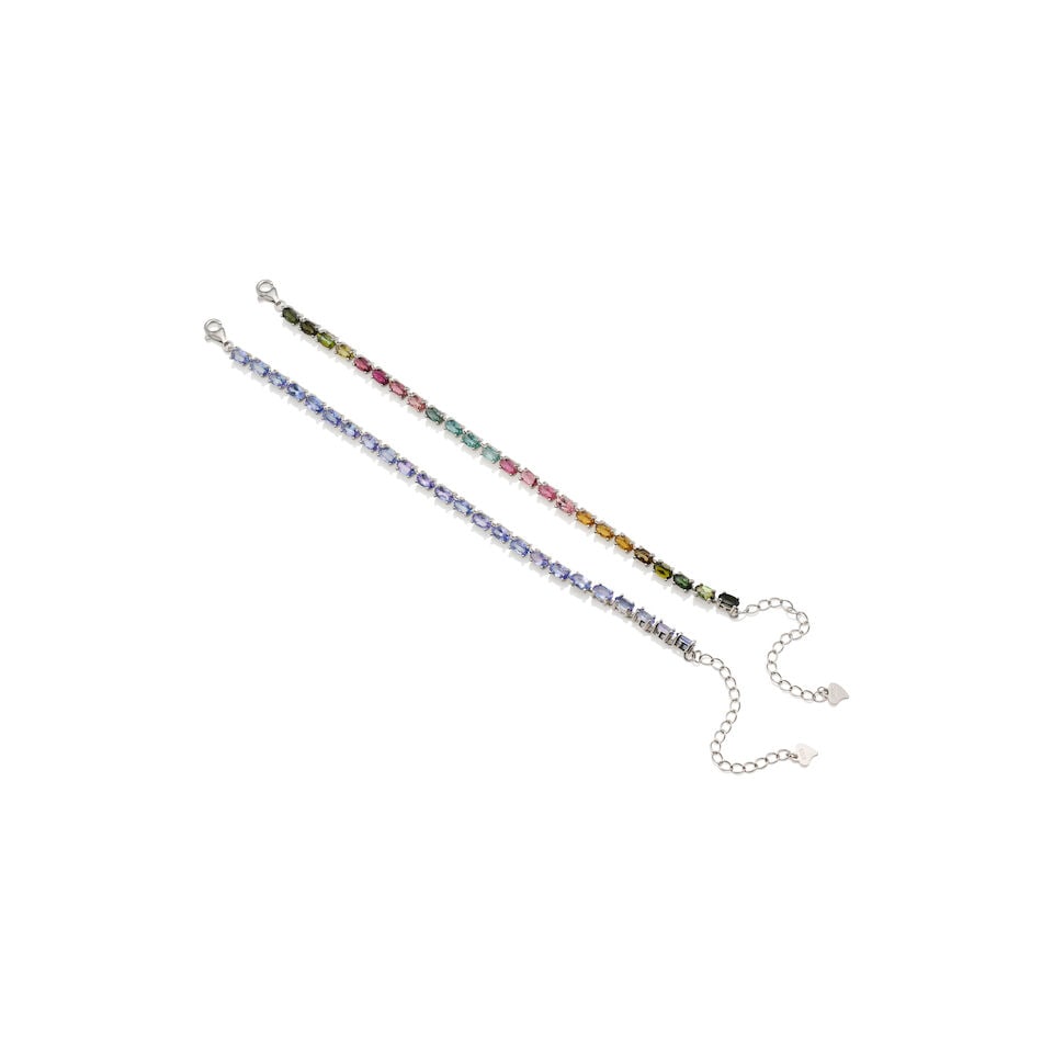 TWO GEM SET LINE BRACELETS: TWO GEM SET LINE BRACELETS 1. Tourmaline line bracelet - 24 oval-cut tourmalines, each measuring approximately 5.0 x 3.0 x 2.0mm - Heart-shaped end tag stamped S925; estimated gross weight