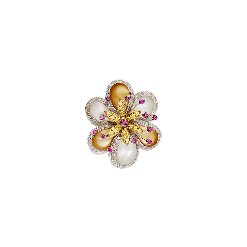 DIAMOND AND GEM-SET FLOWER BROOCH - PENDANT: DIAMOND AND GEM-SET FLOWER BROOCH - PENDANT - Convertible brooch/pendant - Mother of pearl, diamonds, red and yellow stones - Stamped 18k - Weight approximately 12gm - Length and width approximately