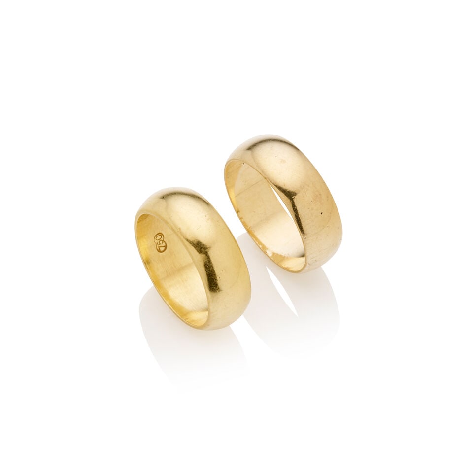 TWO GOLD RINGS - 18K AND 9K: TWO GOLD RINGS - 18K AND 9K 1. 7.4mm wide classic half-round ring - Stamped 750 - Ring weight 11.7gm - Ring size Q1/2 2. 7.3mm wide classic half-round ring - Stamped 9ct - Ring weight 5.9gm - Ring