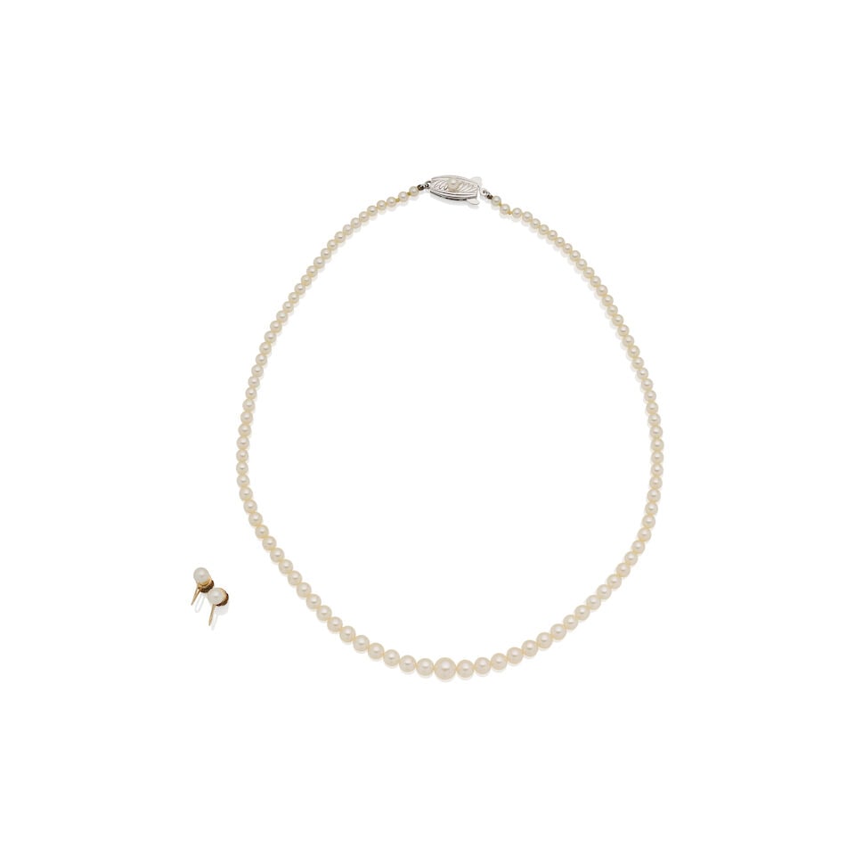 MIKIMOTO CULTURED PEARL NECKLACE AND EARRING SUITE: MIKIMOTO CULTURED PEARL NECKLACE AND EARRING SUITE 1. 102 graduated round cultured pearl necklace - Pearls measuring approximately 3.5 - 7.1 mm; full length 45cm. - White metal clasp stamped SIL and m