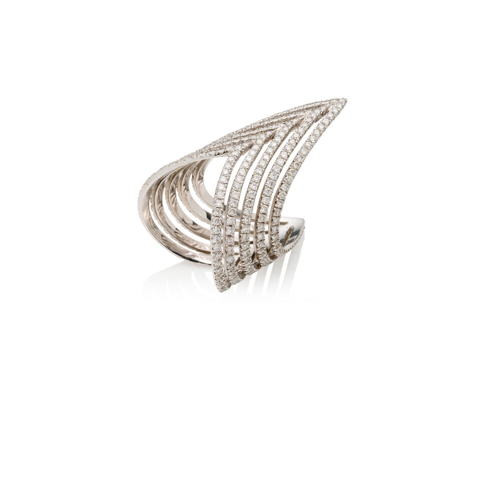 CERRONE | DIAMOND RING: CERRONE | DIAMOND RING Asymmetrical chevron design. Estimated total diamond weight approximately 3ct. Signed Cerrone. Weight 10gm. Ring size S1/2. For further information on this lot please visit