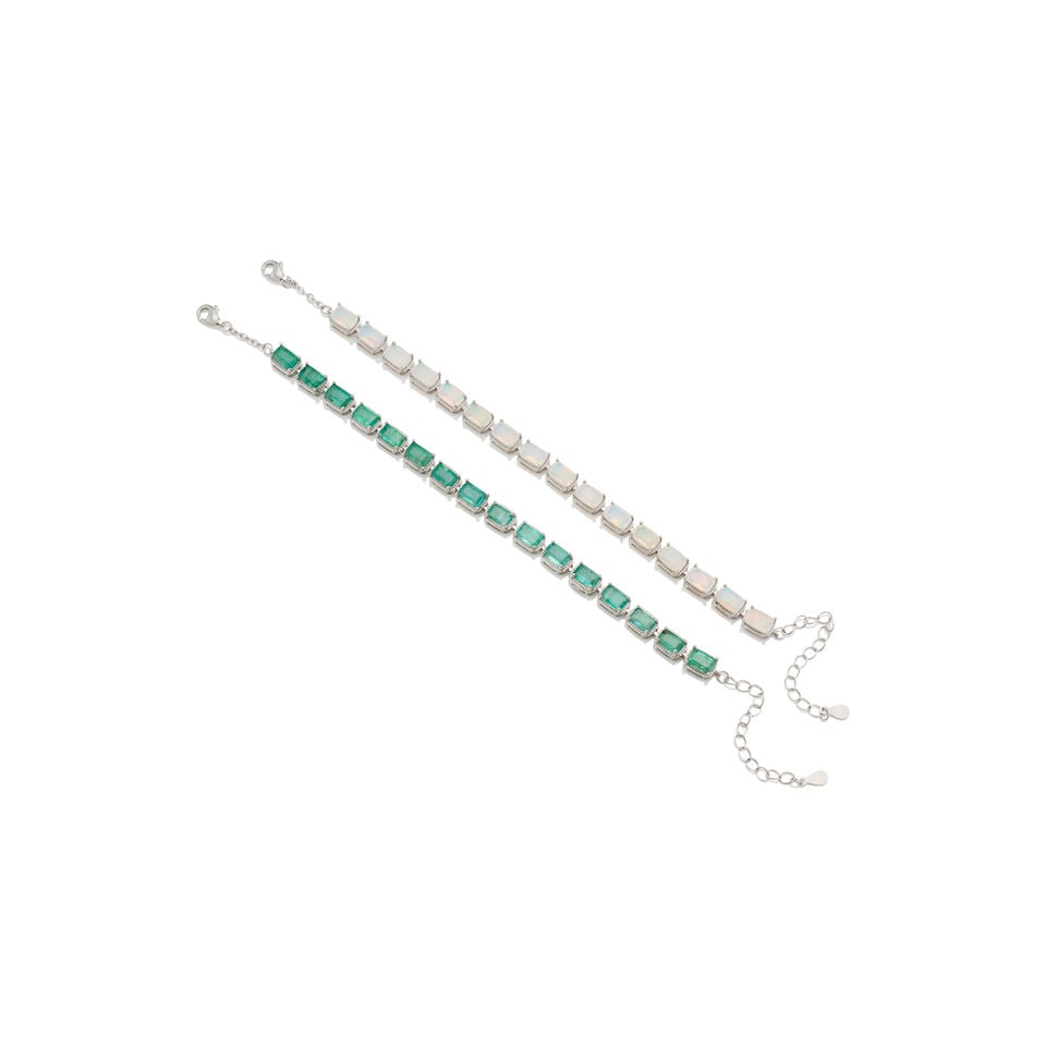 TWO GEM SET BRACELETS: TWO GEM SET BRACELETS 1. Opal line bracelet - 16 rectangular opals, each measuring approximately 6.0 x 4.0 x 2.7mm - Pear-shaped end tag stamped S925; estimated gross weight approximately: 7.5gm;