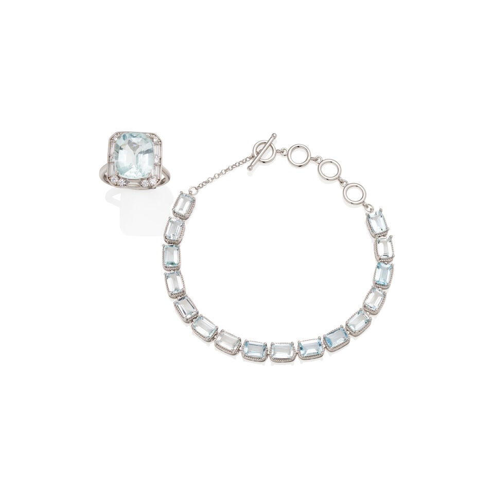 AQUAMARINE RING AND BRACELET SUITE: AQUAMARINE RING AND BRACELET SUITE 1. Cushion-cut aquamarine ring - Aquamarine measuring approximately 13.4 x 10.9 x 6.9mm - Baguette-cut & round-cut white accent crystals - Stamped S925; estimated