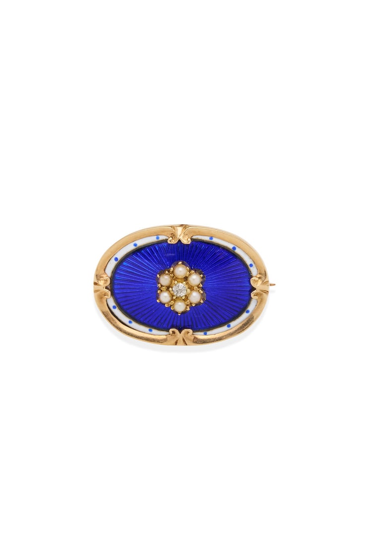 PEARL ENAMEL BROOCH: PEARL ENAMEL BROOCH - Oval-shaped blue guilloché enamel ground brooch centring a cluster of six seed pearls and an old-cut diamond - Measuring 2.2 x 1.5cm - Weight 5.0gm Footnotes: OVERALL