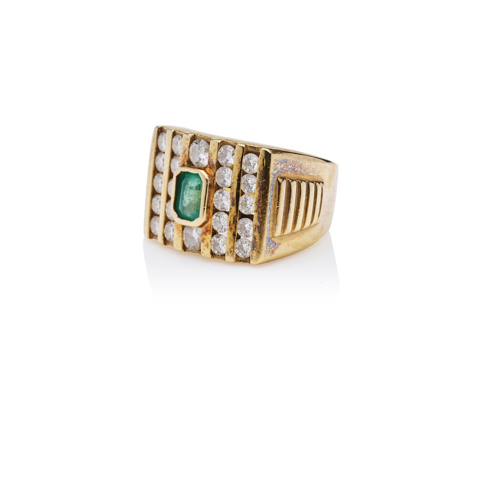 EMERALD AND DIAMOND RING: EMERALD AND DIAMOND RING - Bezel set emerald weighing approximately 0.75ct - Channel set brilliant cut diamonds, weighing approximately 1.10ct - Stamped 750, 4B205 - Estimated weight: 11.5gm - Ring