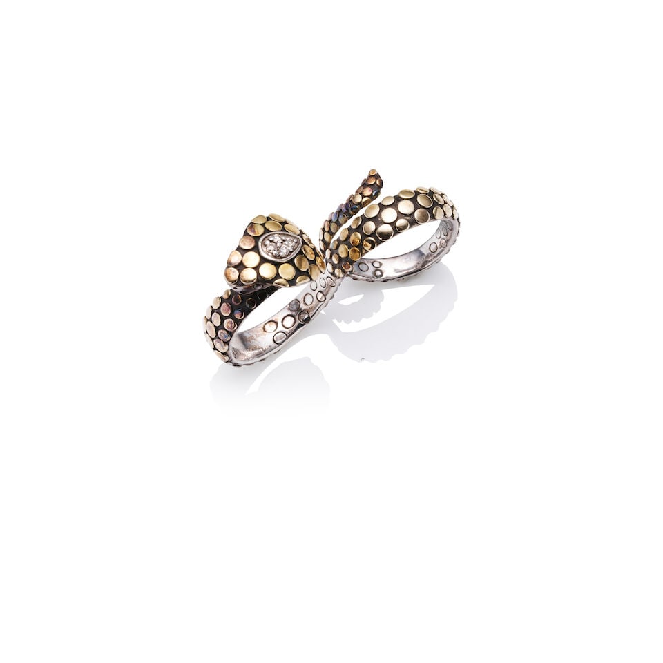 TIFFANY & CO. SILVER NECKLACE AND JOHN HARDY SNAKE RING: TIFFANY & CO. SILVER NECKLACE AND JOHN HARDY SNAKE RING 1. Tiffany & Co. silver box chain necklace with parrot clasp - Necklace stamped TIFFANY & CO. | AG925 - Necklace weight approximately 37gm -