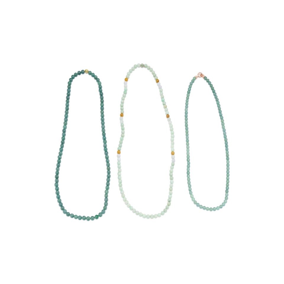 THREE JADE BEAD NECKLACES: THREE JADE BEAD NECKLACES - Polished round jade bead necklaces; length 60cm, 70cm and one endless. - Unmarked clasp - Estimated gross weight approximately: 190gm Footnotes: Overall condition: very
