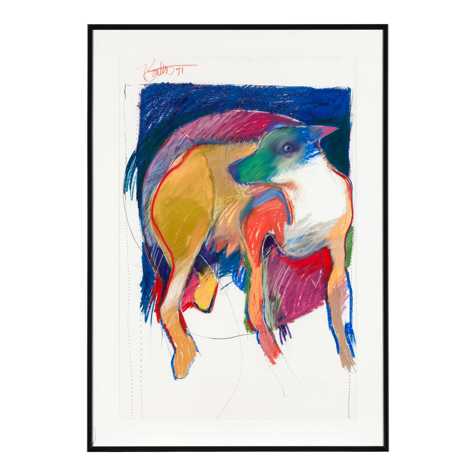 A Rick Bartow work on paper, 'Coyote', 1991: Rick Bartow Wiyot, (1946-2016), 'Coyote', 1991, pastel, charcoal, and graphite on paper, signed and dated upper left, matted and framed under glass. size (sight) 39 3/4 x 25 7/8in; as framed 46 1/2 x 