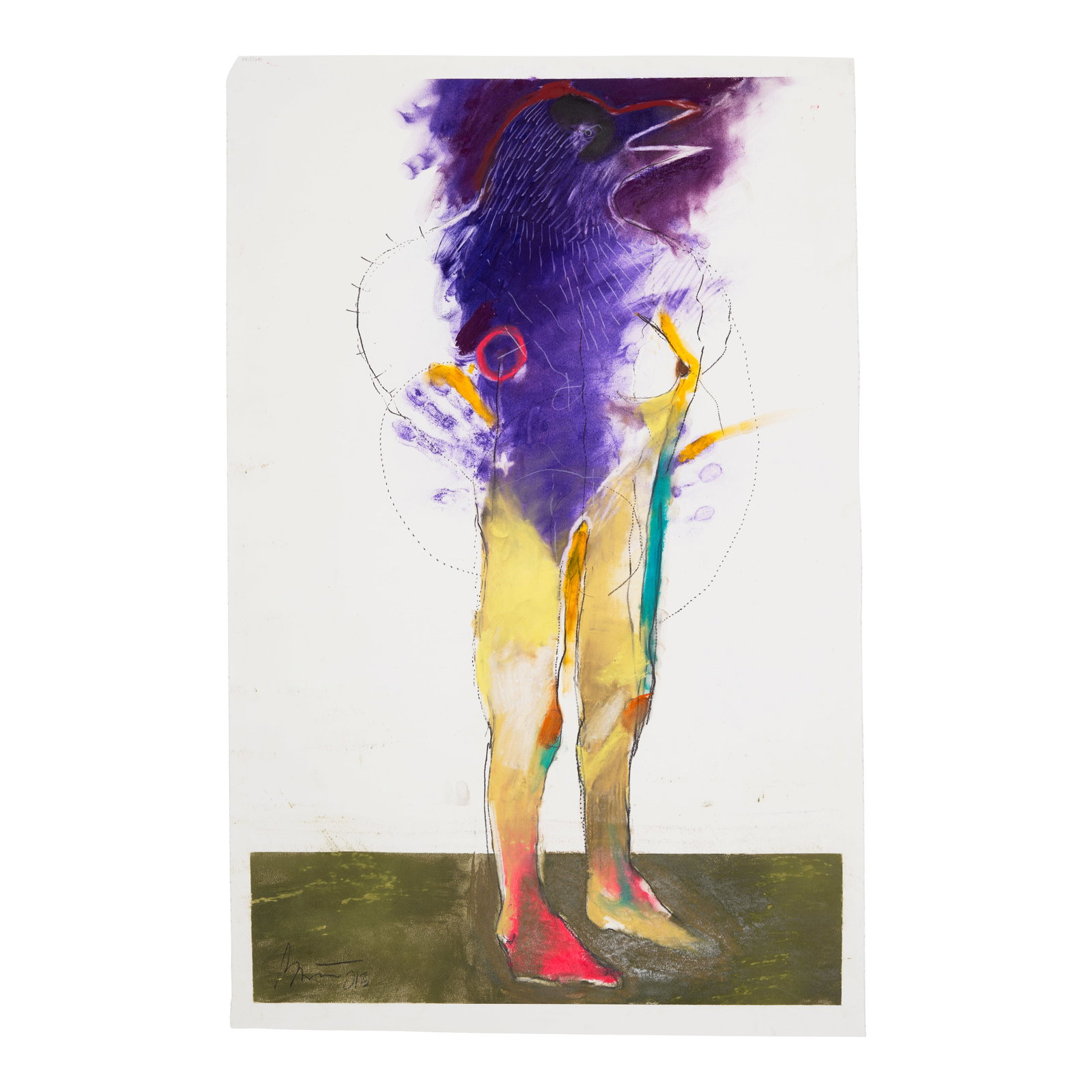 A Rick Bartow drawing, Untitled, 2013: Rick Bartow Wiyot, (1946-2016), Untitled [standing female nude with bird head], 2010, pastel on paper, unframed, signed and dated lower left, numbered along the upper edge: 10423100. height 40in, widt
