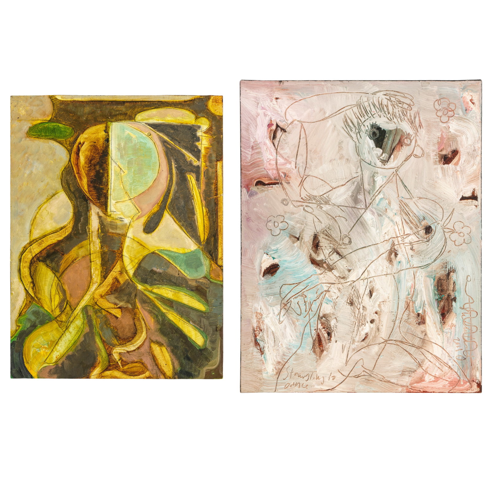 Two paintings by Sheldon Harvey, 'Ki Yaa Nuabah', 2010; 'Struggling to Dance', 2011: Sheldon Harvey Diné (Navajo), (b. 1978), two paintings, including: 'Ki Yaa Nuabah', 2010, oil on masonite panel mounted on frame, signed, titled and dated verso; with 'Struggling to Dance', 2011,