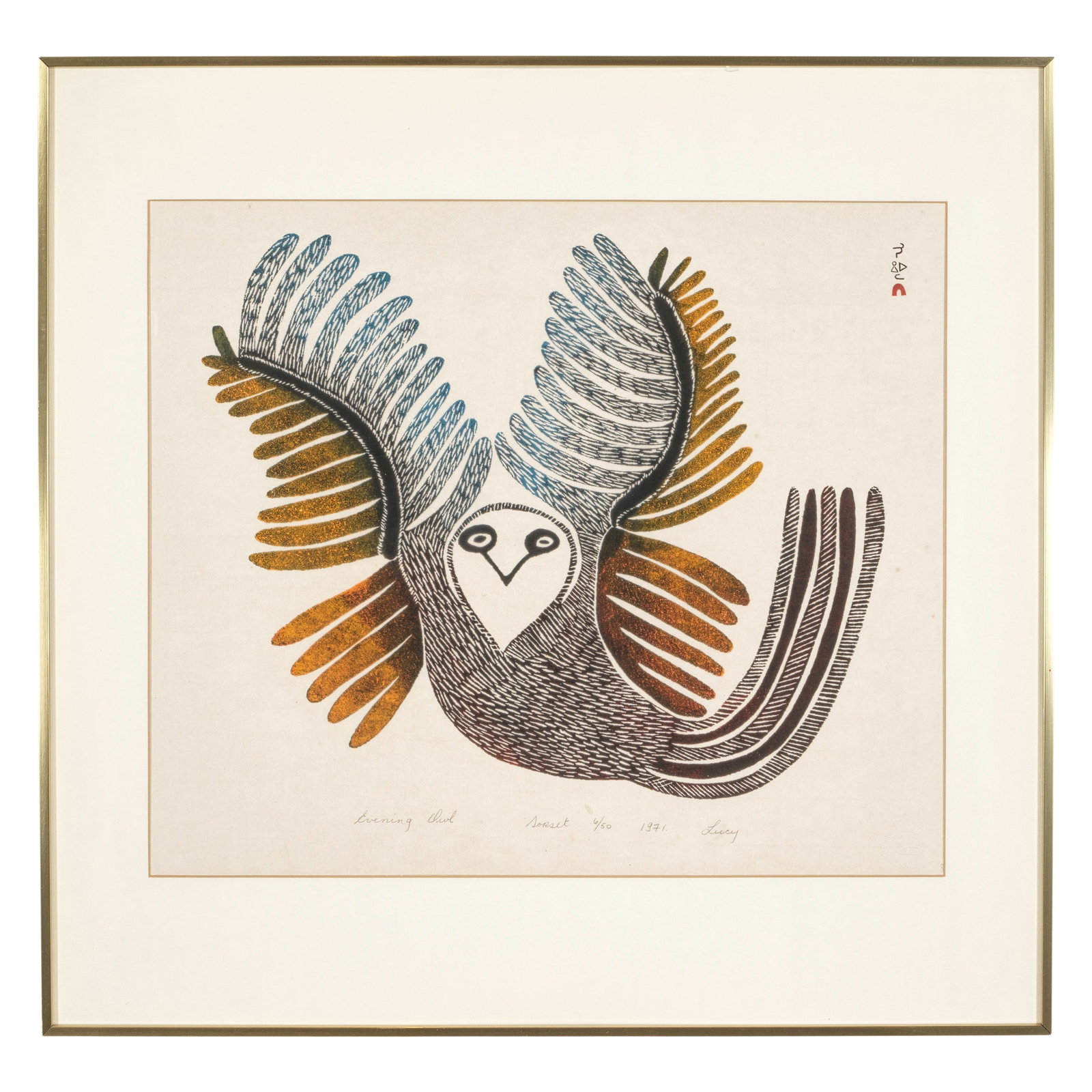 A Lucy Qinnuayuak stonecut, 'Evening Owl', 1971: Lucy Qinnuayuak Inuit, Cape Dorset/Kinngait, (1915-1982), 'Evening Owl', 1971, stonecut on paper, edition 6 of 50, titled, numbered, dated and inscribed along the lower edge, framed under Plexiglas. s