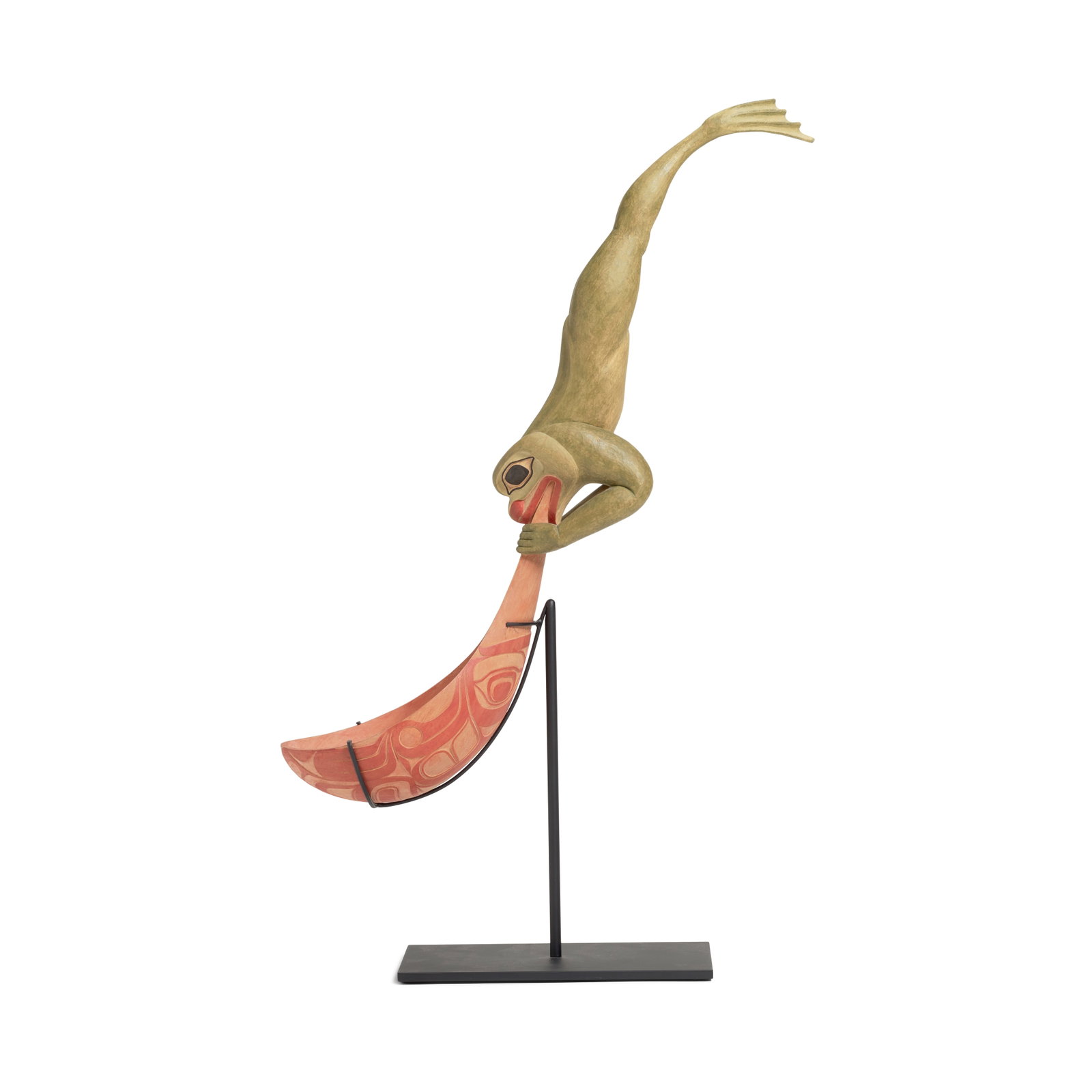 A contemporary Northwest Coast frog effigy feast ladle: A contemporary Northwest Coast frog effigy feast ladle Unidentified artist, indistinctly signed, carved from a single piece of wood, conceived as a leaping frog, the extended tongue transforming into 