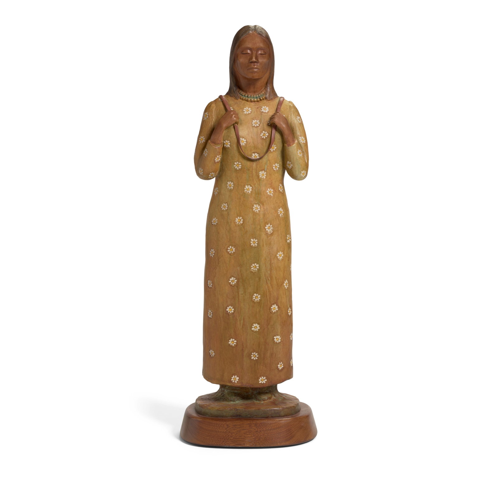 An Evelyn Fredericks bronze sculpture, The Water Carrier: Evelyn Fredericks Hopi-Tewa, (b. 1948), untitled, depicting a young woman carrying water in a canteen, patinated and painted bronze, ed. 25 of 30, signed 'EF' at base, on an integral wooden plinth. sc
