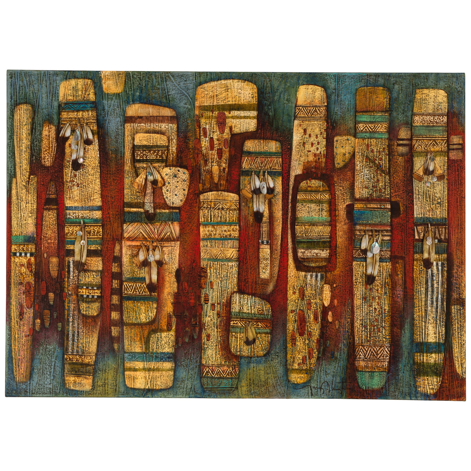 A Tony Abeyta mixed media artwork, 'Ancestral Gifts II': Tony Abeyta Diné (Navajo), (b. 1965), 'Ancestral Gifts II', mixed media on canvas with fabricated wood feathers and other attachments, signed lower right quadrant, unframed. size 50 x 70in For fu