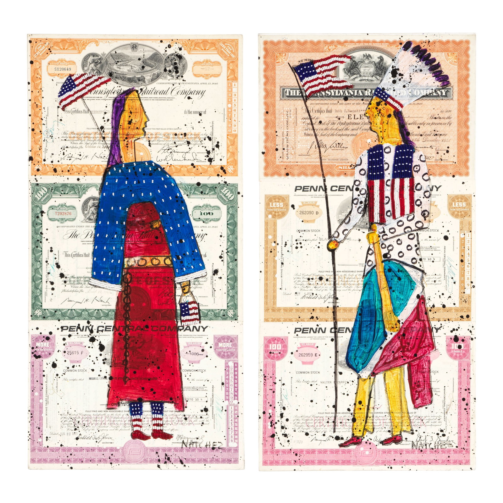 A pair of Stan Natchez mixed media artworks, Native couple with American flags: Stan Natchez Shoshone/Tataviam, (b. 1954), Untitled, two artworks depicting male and female figures, mixed media in acrylic on paper stocks or bonds mounted on canvas, with beadwork details, each sign