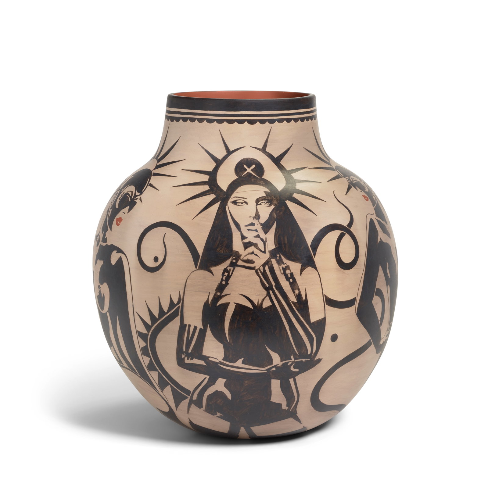 A large Virgil Ortiz pottery vessel, 'Silent Cacophony', 2017: Virgil Ortiz Cochiti, (b. 1969), 'Silent Cacophony', 2017, a large vasiform pottery vessel with figures in black and red on a cream slip field, signed 'Virgil Ortiz, Cochiti Pueblo, Void 13017-02' at 