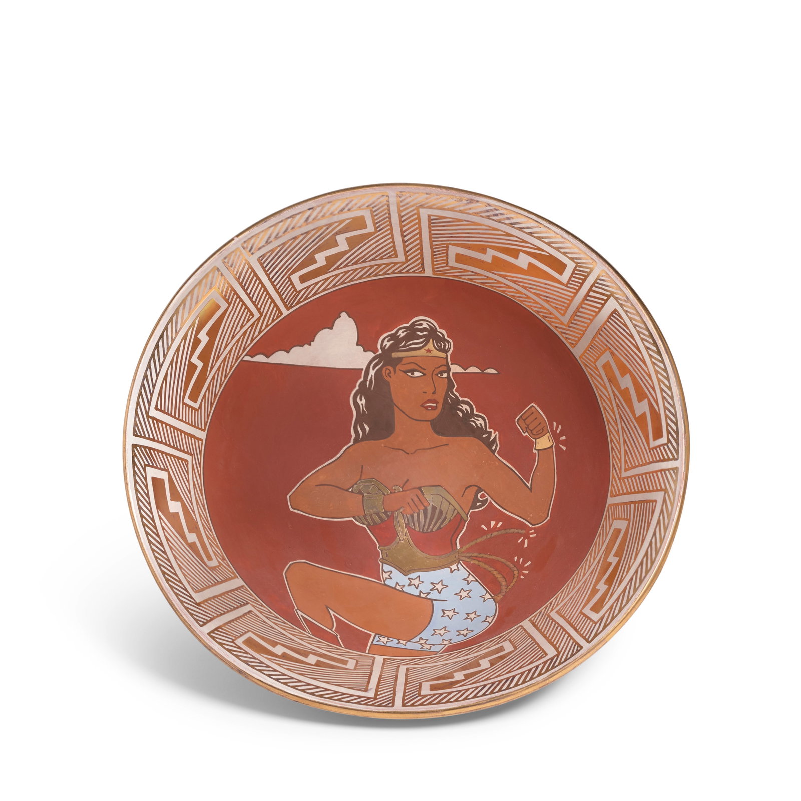A Diego Romero polychrome bowl, 'Diana, Queen of the Amazon': Diego Romero Cochiti, (b. 1964), 'Diana, Queen of the Amazon,' a polychrome and gilt highlighted pottery bowl, titled and signed 'CHONGO MADE AND PAINTED ME' at the exterior lip. Approximate depth 7in