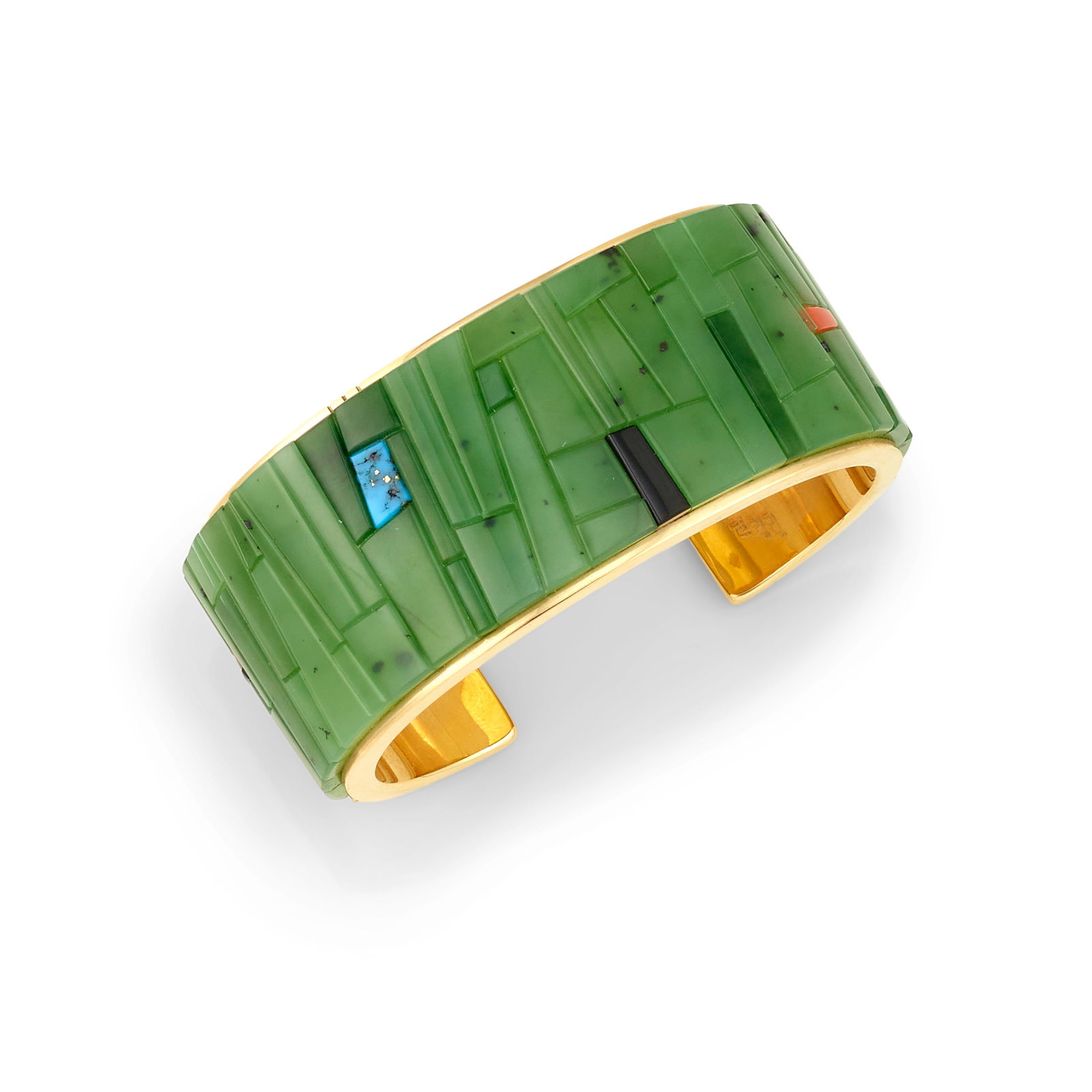 A Richard Chavez gold bracelet with jade mosaic inlay: Richard Chavez San Felipe, (b. 1949), a gold bracelet with cobblestone inlay of Siberian green jade, coral, Edwards black jade and Morenci turquoise, signed verso in triplicate with artist's mark, unm