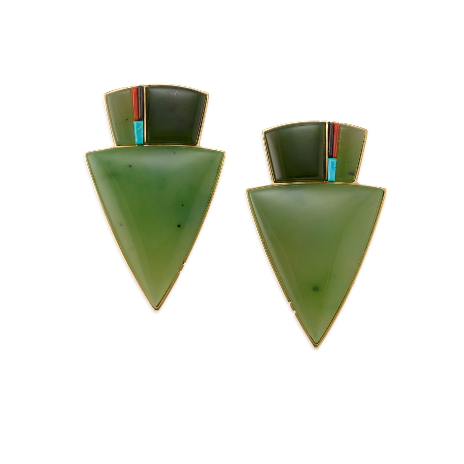 A pair of Richard Chavez 14K gold, jade and multi-stone earrings: Richard Chavez San Felipe, (b. 1949), a pair of 14K gold earrings set with Siberian green jade, coral, Edwards black jade and Morenci turquoise, each stamped with maker's mark verso. length 1 9/16in, 