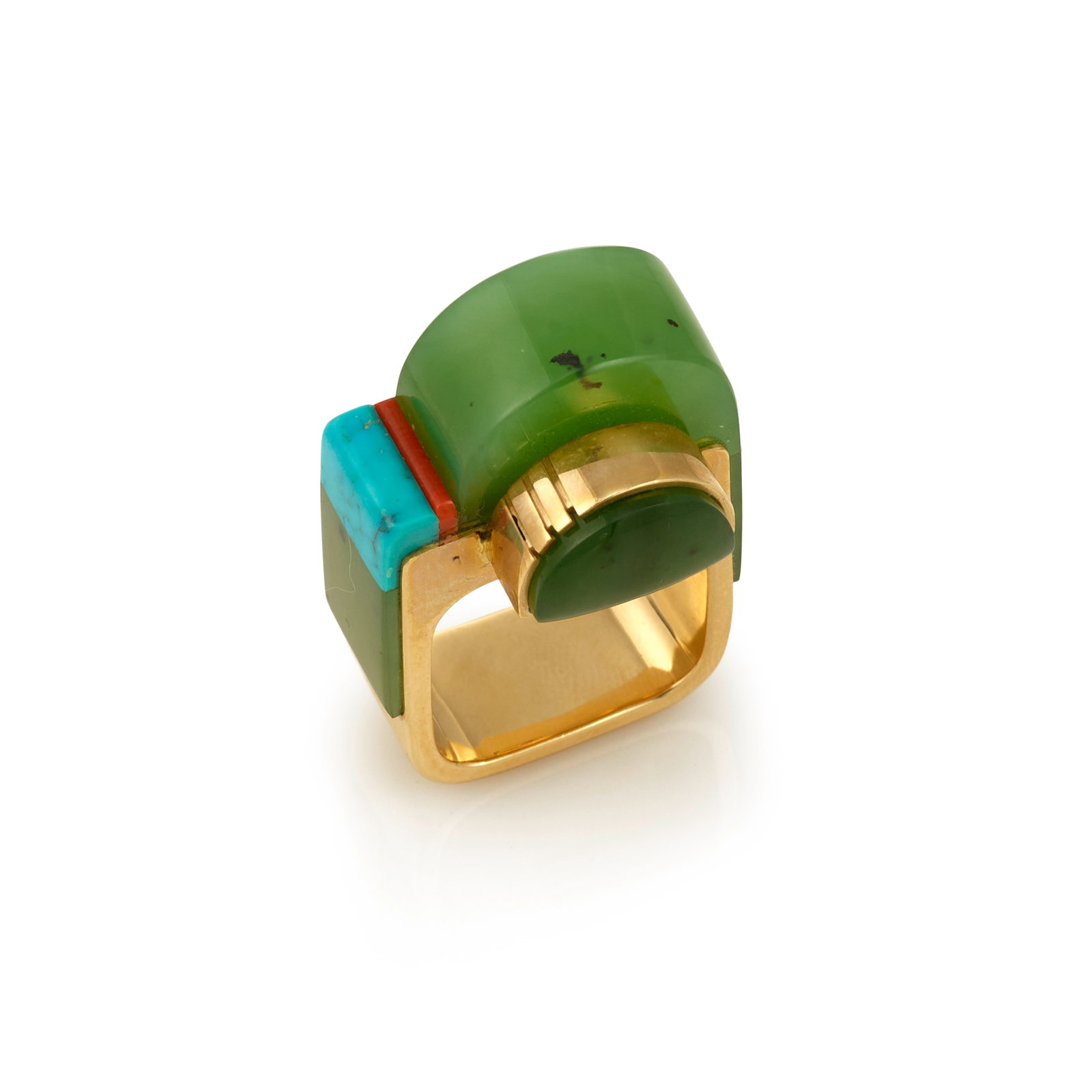 A Richard Chavez 14K gold and multi-stone ring: Richard Chavez San Felipe, (b. 1949), a gold ring set with Siberian jade, coral and turquoise, signed shank interior with artist's mark, unmarked for gold purity. ring size 7.5, length 1 3/8in, width 