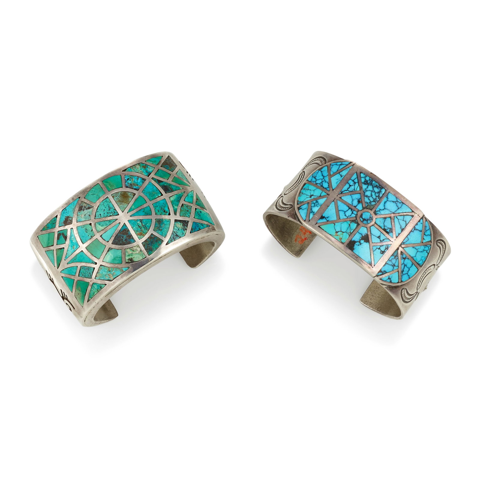 Two modern Diné (Navajo) cuff bracelets: Two modern Diné (Navajo) cuff bracelets Each with channel-inlaid turquoise designs, including one stampwork and repousse sides by Melvin Francis, marked: Francis /sterling; the other with silver 