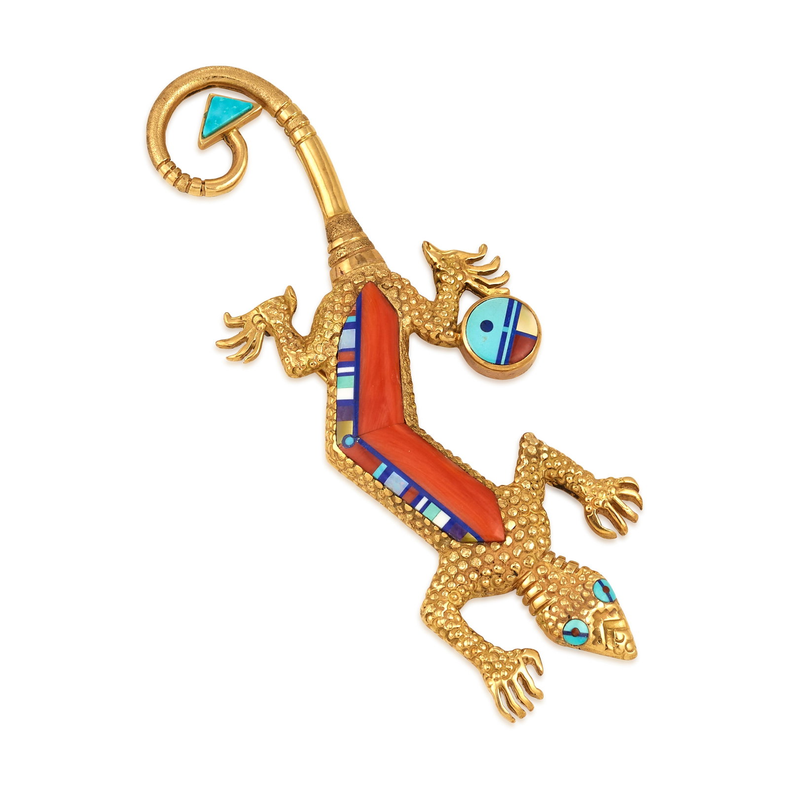 A Jesse Monongya gold and multi-stone lizard-motif brooch: Jesse Monongya Diné (Navajo)/Hopi, (1952-2024), a cast gold lizard-motif brooch, set with inlay details of coral, turquoise, lapis, sugilite, opal and other material, a plaque with maker's mark v
