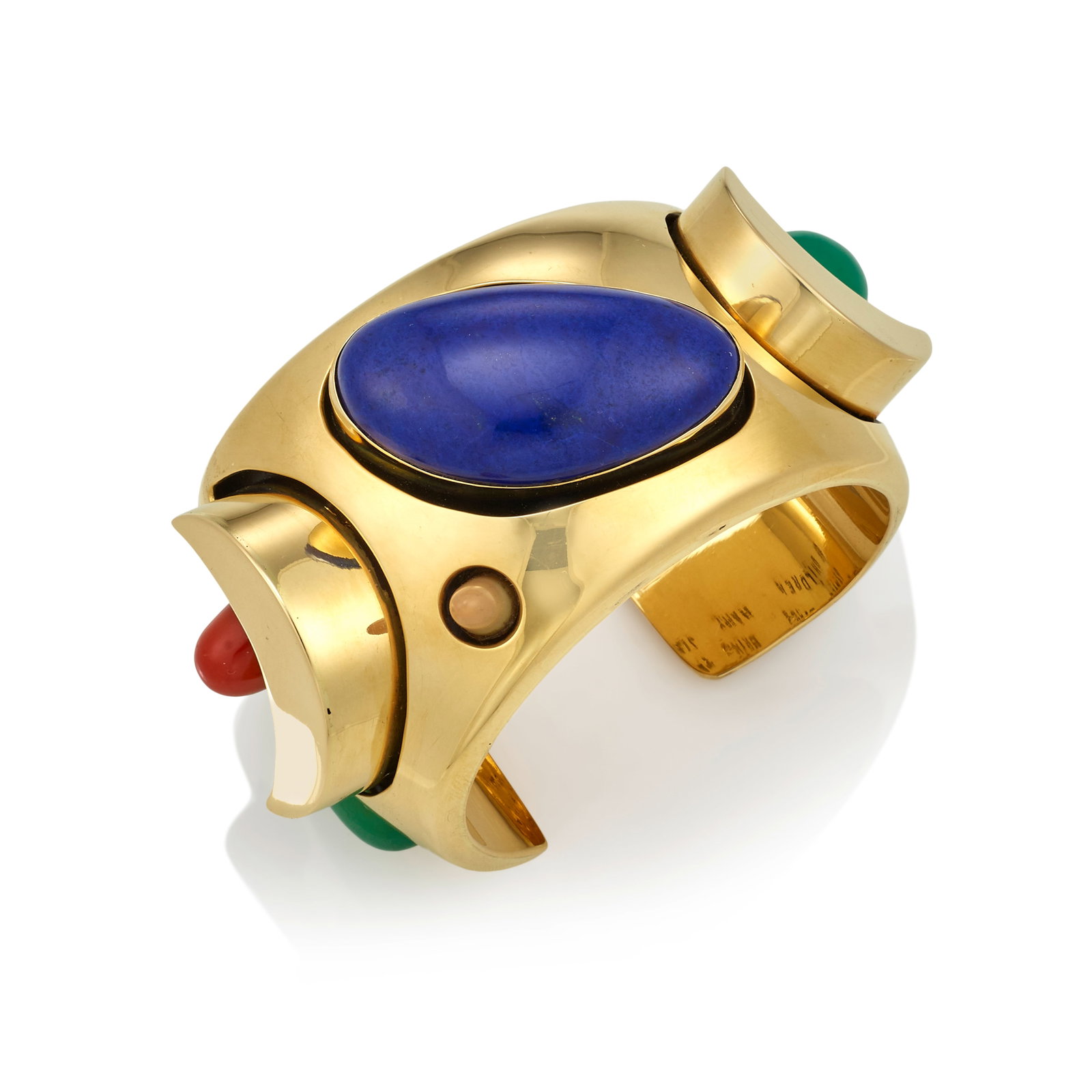 A Kim Rawdin 18k gold and multi-stone cuff bracelet, 'Blue Worlds Beyond Reason,' 1996: Kim Rawdin American, (b. 1950), 'Blue Worlds Beyond Reason,' 1996, hollow 18k gold cuff bracelet set with lapis, chrysoprase, sugilite, and coral, with inset gold geometric accents, stamped inscriptio