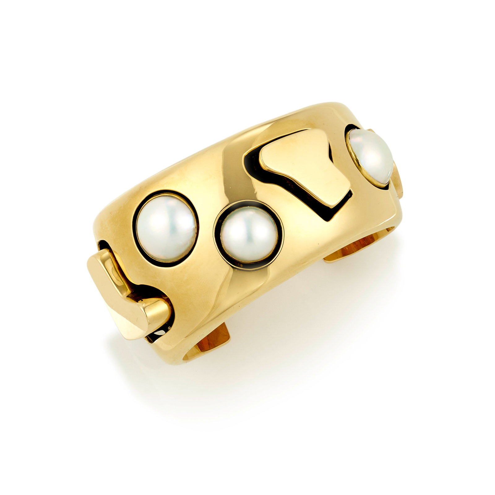 A Kim Rawdin 18k and 22k gold and Mabé pearl cuff bracelet, 'Full Moon,' 2008: Kim Rawdin American, (b. 1950), 'Full Moon,' 2008, a hollow 18k gold cuff bracelet with 22k gold forms and 5 Mabé pearls, stamped inscription on the interior: Full Moon / And Ocean Winds / You ar
