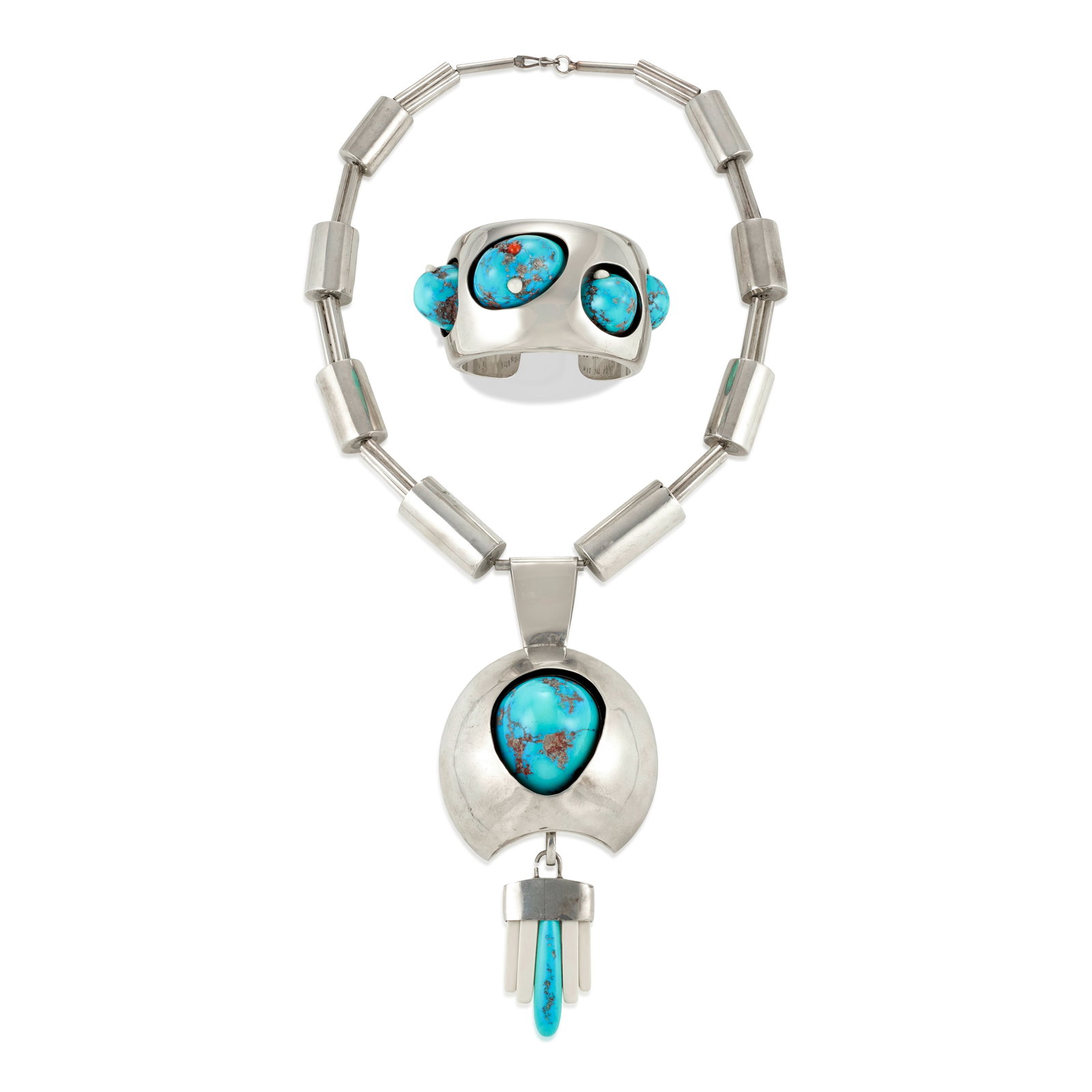 A Kim Rawdin sterling silver cuff bracelet and necklace set with turquoise, 'The Sky is Pure Pai...: Kim Rawdin American, (b. 1950), 'The Sky is Pure Painting,' hollow sterling silver cuff bracelet and necklace set with turquoise with inset white and red coral beads, stamped inscription on the interi