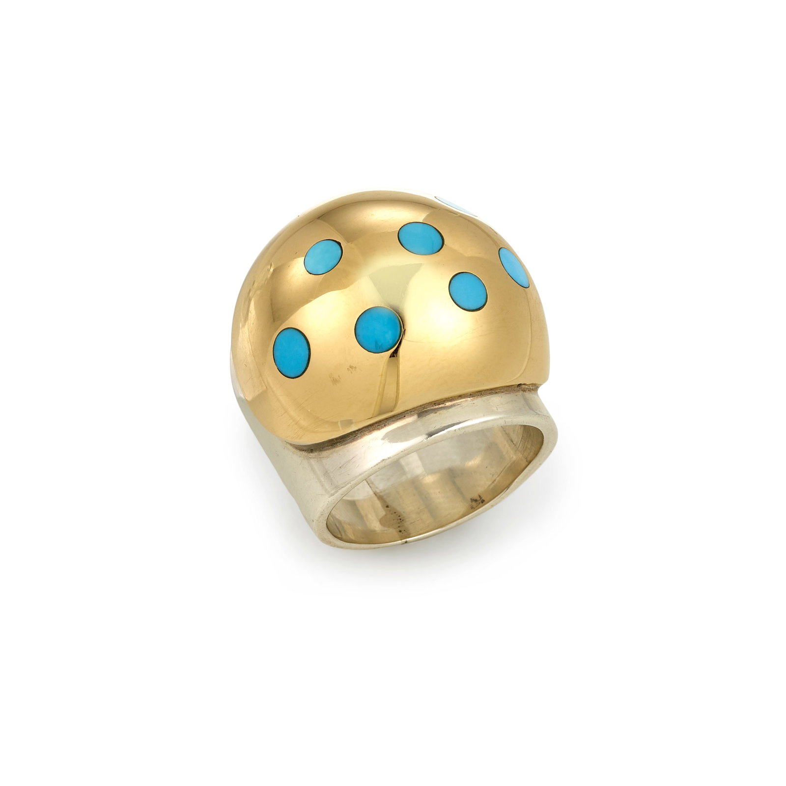 A Kim Rawdin silver, gold and turquoise ring: Kim Rawdin American, (b. 1950), a silver and gold ring inlaid with turquoise, 1996, stamped on the interior shank with maker's initial: K. ring size approximately 5 1/2, width 7/8in, height 1in; gross