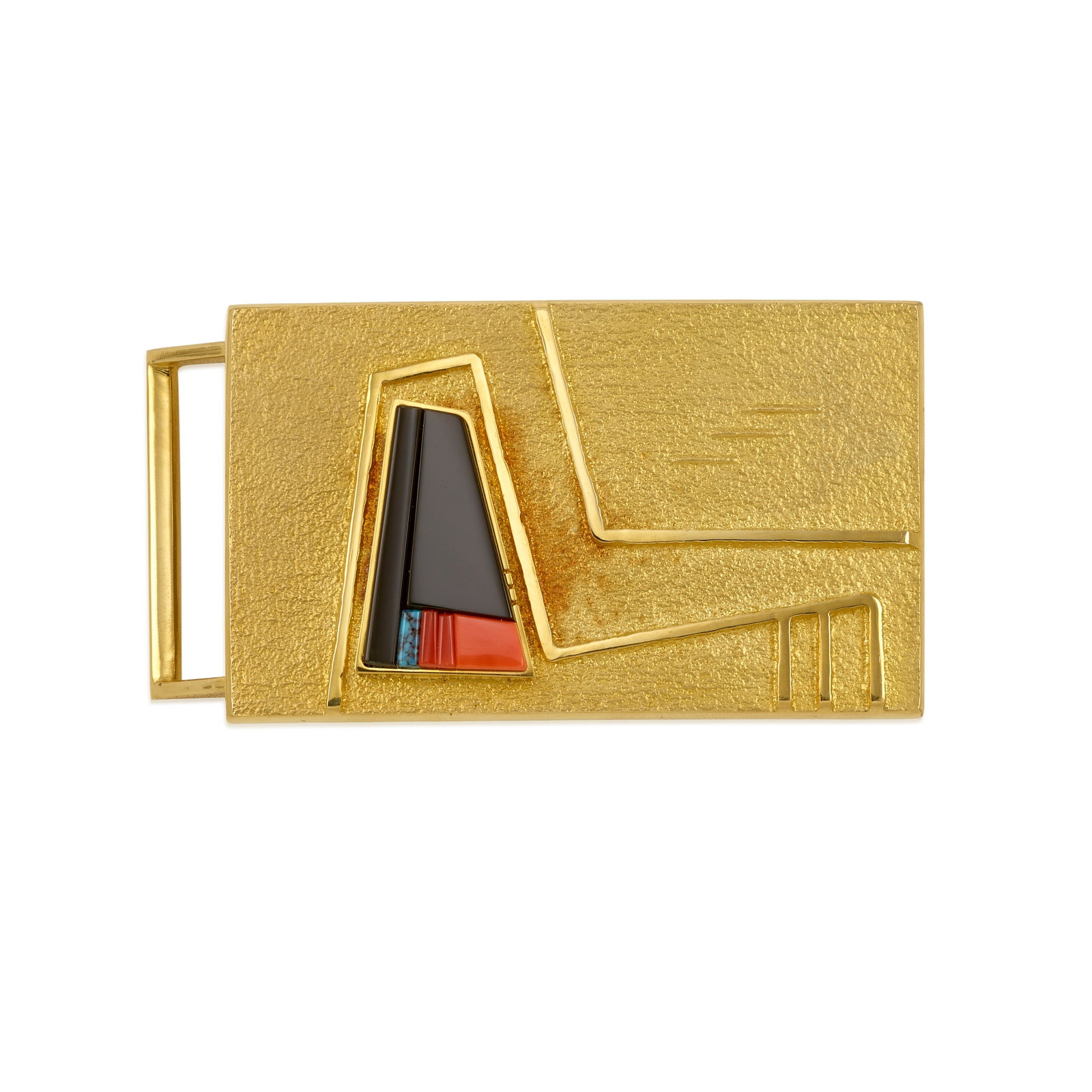 A Richard Chavez gold and multi-stone belt buckle: Richard Chavez San Felipe, (b. 1949), a tufa-cast gold belt buckle, set with a mosaic of black jade, turquoise and coral, stamped verso with artist's mark. length 2 1/4in, width 1 1/2in; gross weight 