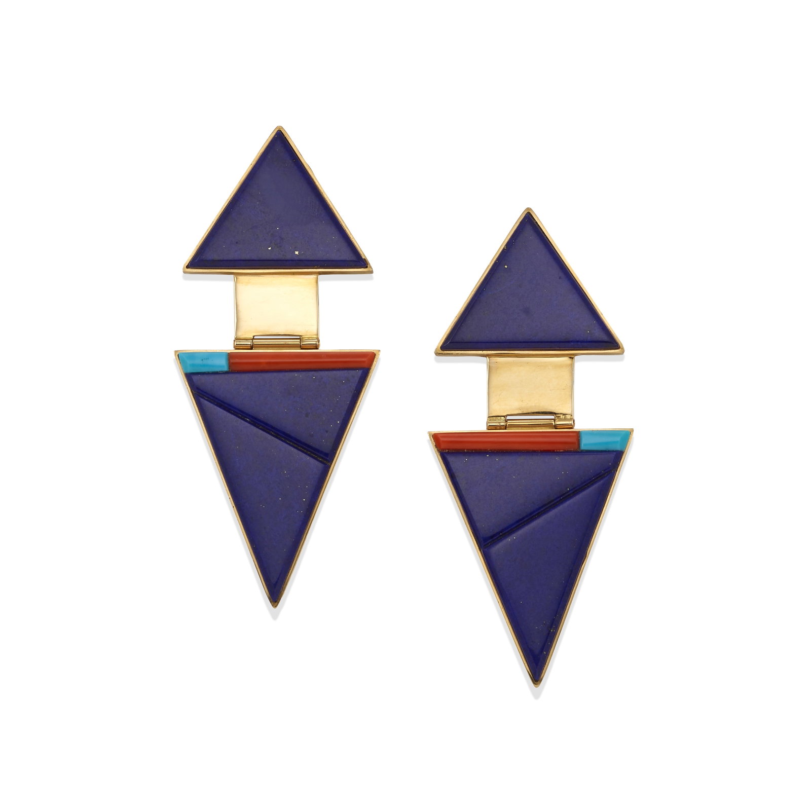 A pair of Richard Chavez gold and multi-stone earrings: Richard Chavez San Felipe, (b. 1949), a pair of gold hinged clip earrings with lapis, coral and turquoise, each stamped with maker's mark verso. length 2 1/4in, width 1in; gross weight approximately 2