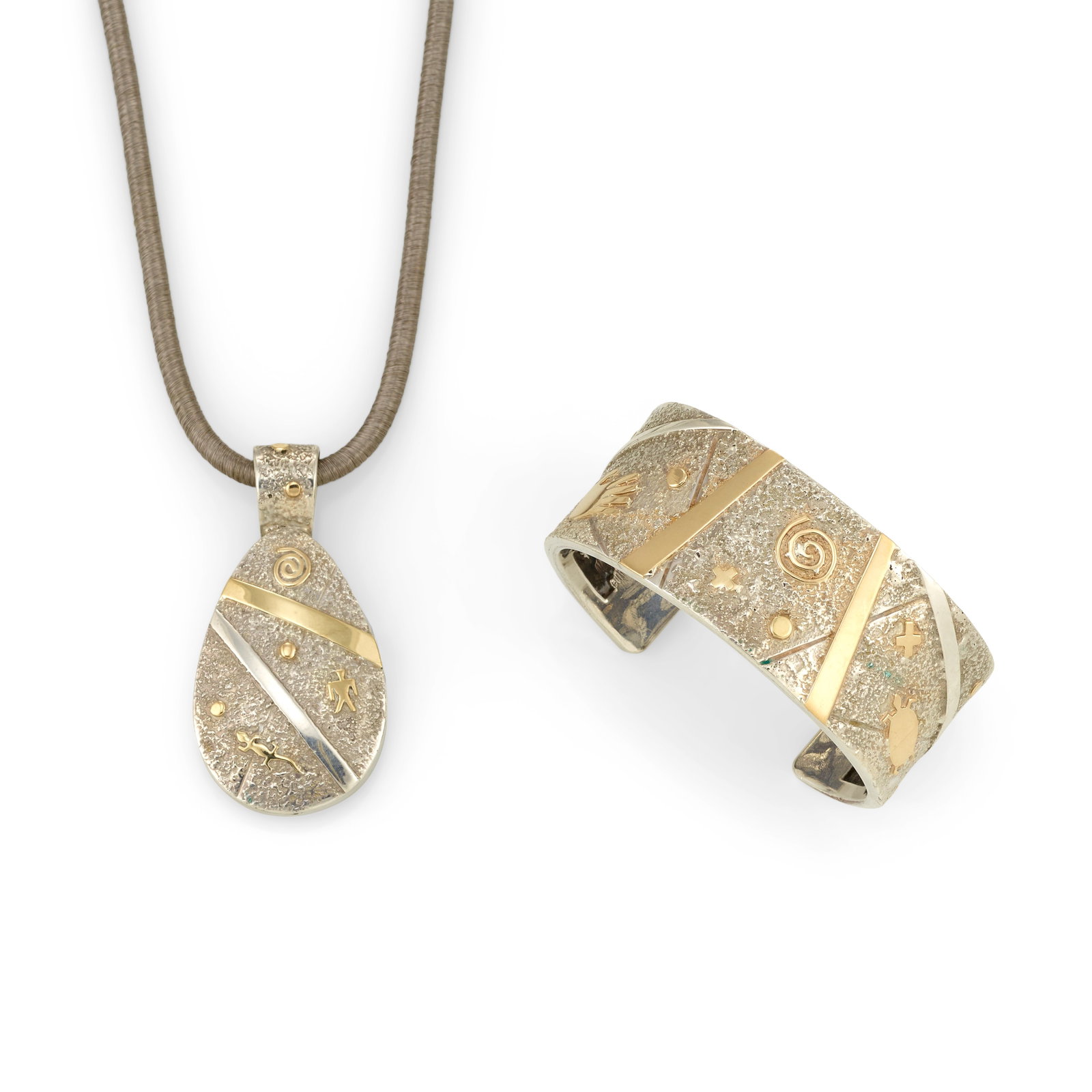 A Cody Hunter silver and gold pendant and bracelet: Cody Hunter Diné (Navajo), (b. 1974), a sterling silver and 14k gold accent pendant and bracelet with interior relief landscape/storytelling scene, cuff stamped on the interior: Sterling / CH / 1