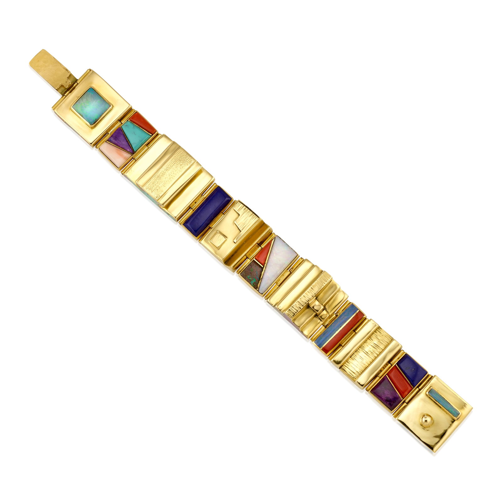 A Frank Carillo 18K gold and multi-stone link bracelet: Frank Carillo Laguna, (20th/21st century), an 18k gold link bracelet with sugilite, coral, opal, lapis, turquoise, and other stones, stamped on the back of the clasp: 18k / F.C. Laguna / 18k. length 6