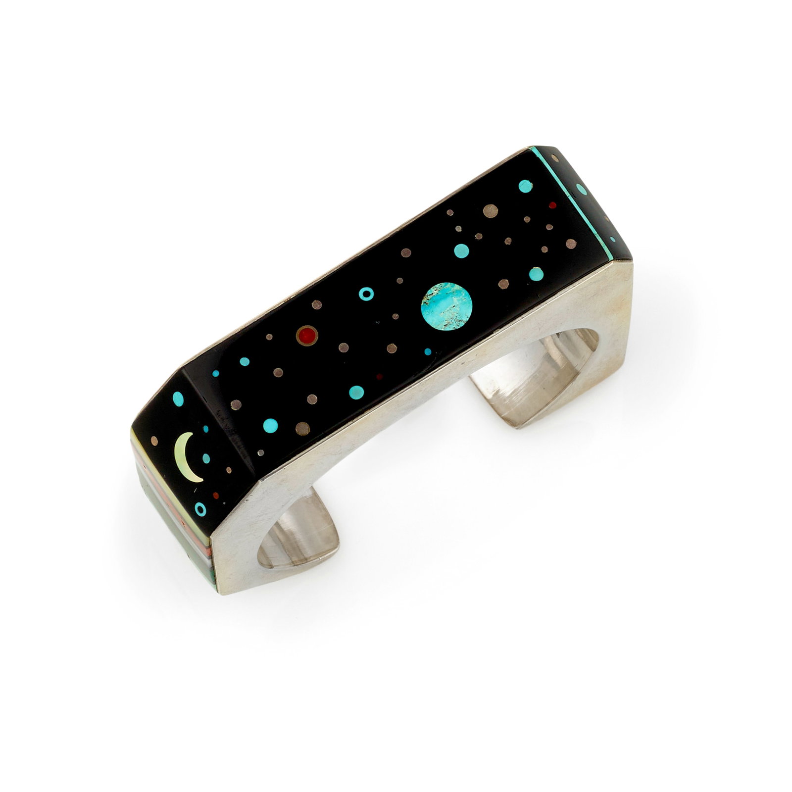 A Jesse Monongya silver and multi-stone mosaic bracelet, 'Reservation Night Sky': Jesse Monongya Diné (Navajo)/Hopi, (1952-2024), 'Reservation Night Sky,' a sterling silver squared cuff bracelet with chamfered corners, micro-mosaic inlaid with coral, turquoise, lapis, 'Acoma' 