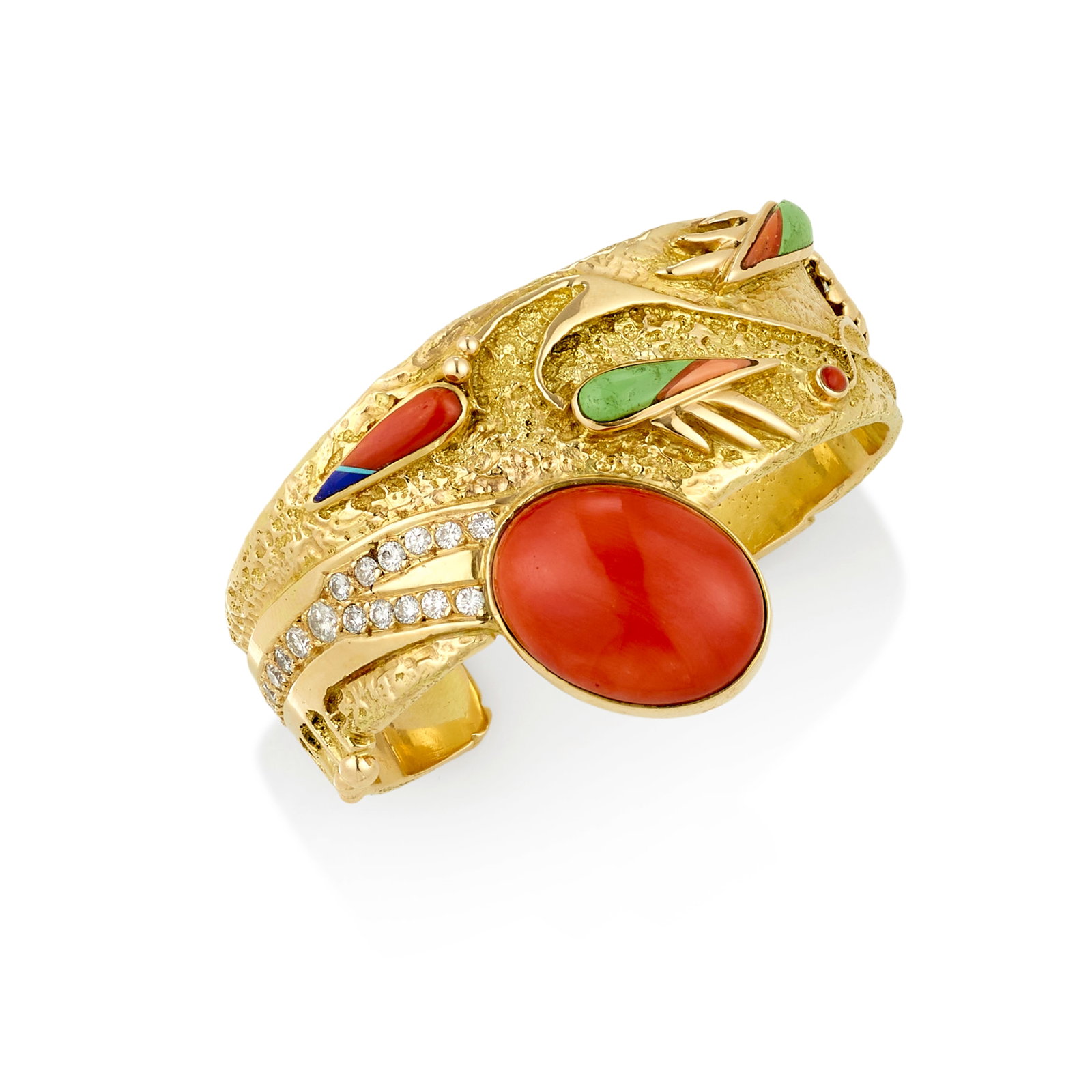 A Jesse Monongya gold, multi-stone and diamonds cuff bracelet: Jesse Monongya Diné (Navajo)/Hopi, (1952-2024), a gold cuff bracelet set with coral, variscite, lapis, turquoise and diamonds (round brilliant-cut, 1.50 carats, 6-H, VS-I), stamped with maker's m