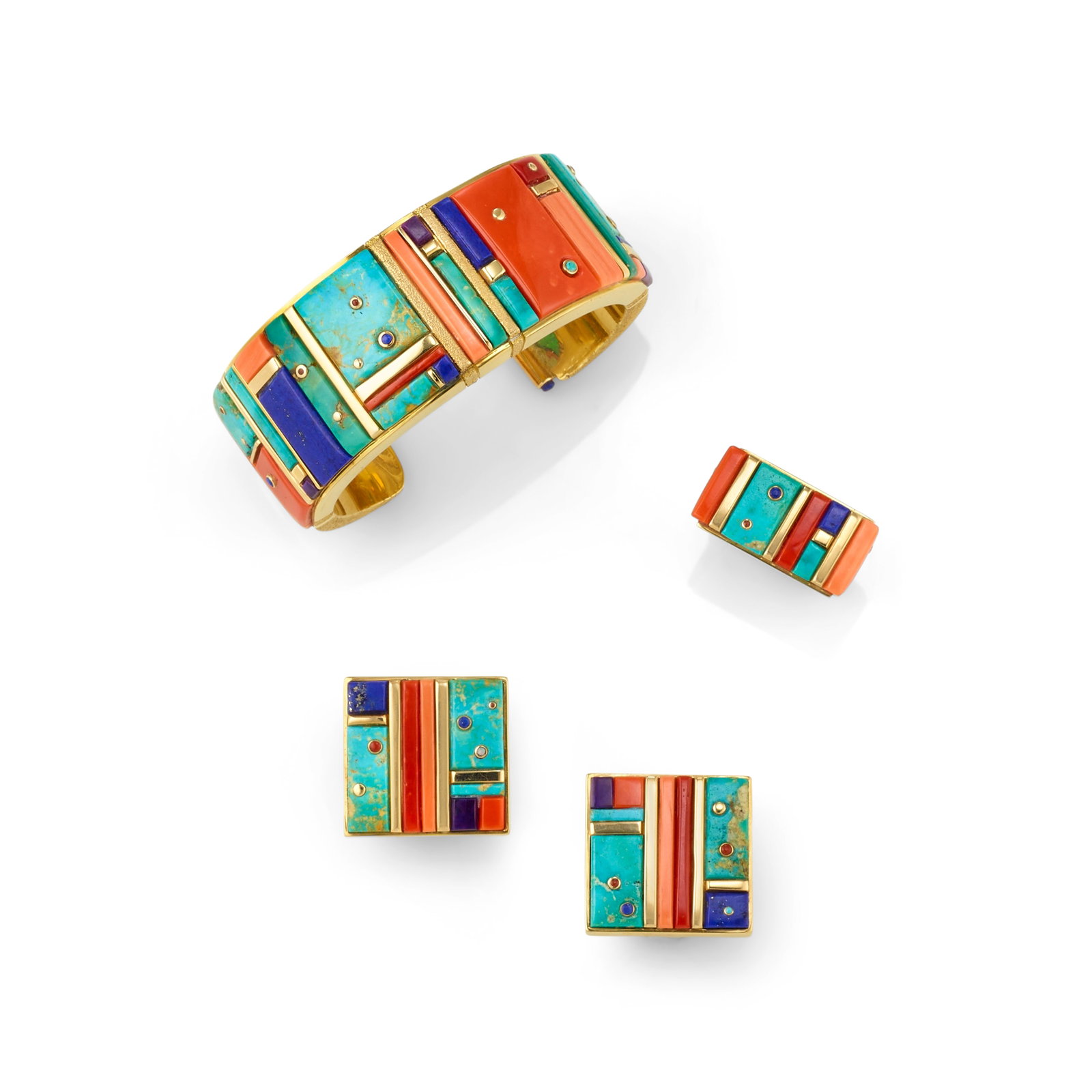 A Jesse Monongya gold and multi-stone jewelry suite: Jesse Monongya Diné (Navajo)/Hopi, (1952-2024), a suite of 18k gold and multi-stone jewelry, including a heavy cuff bracelet with textured terminals with raised eagle and moon-and-star motifs, th