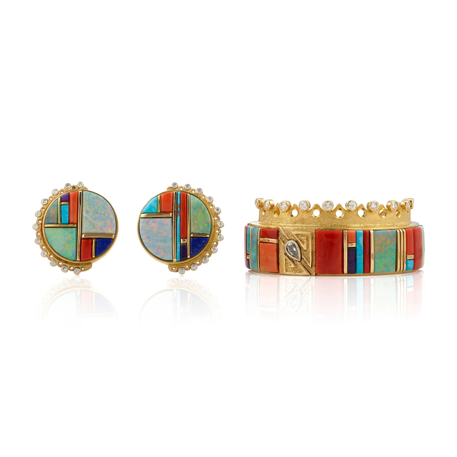 A Jesse Monongya gold, multi-stone and diamonds cuff 'King Charles' bracelet and matching earrings: Jesse Monongya Diné (Navajo)/Hopi, (1952-2024), 'King Charles' bracelet and matching earrings, gold set with turquoise, coral, sugilite, opal, lapis, and diamonds (pear-shaped 0.50 carats, round 