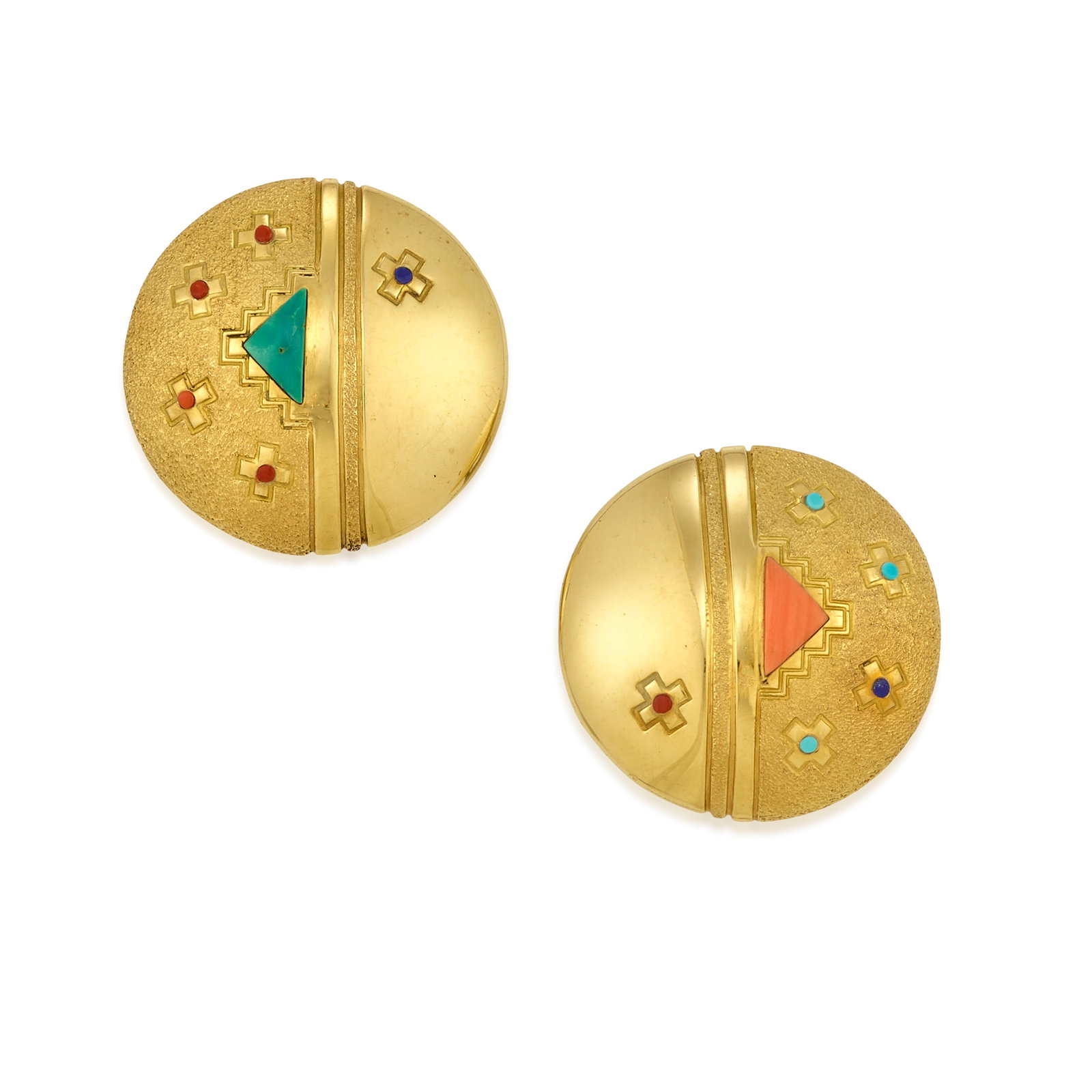 A pair of Jesse Monongya gold and multi-stone earrings: Jesse Monongya Diné (Navajo)/Hopi, (1952-2024), a pair of gold earrings, of domed circular form set with coral, turquoise and lapis, each with stamped maker's mark verso: JMonongyas. each: diamet