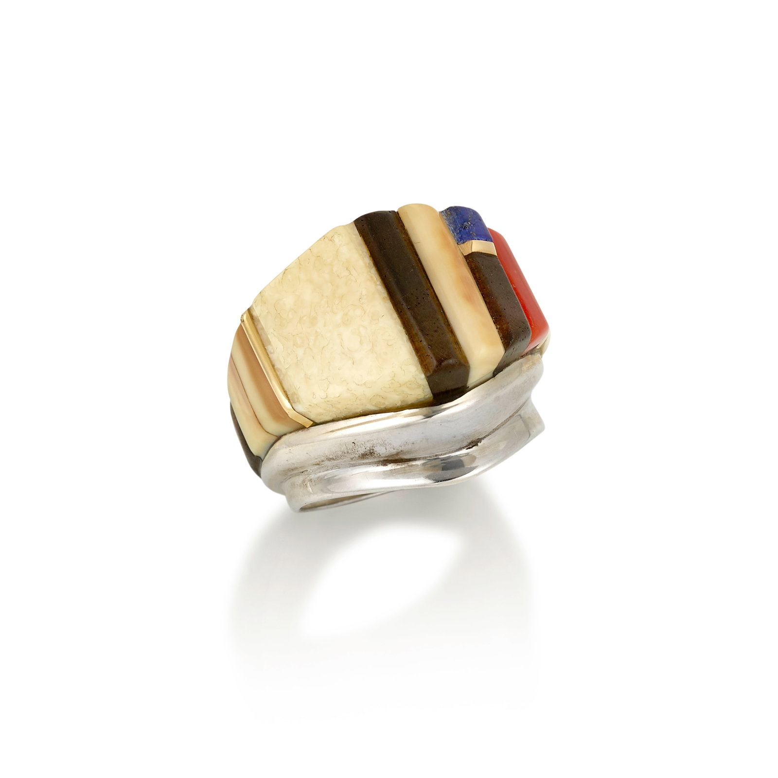 A Charles Loloma silver and multi-stone ring: Charles Loloma Hopi, (1921-1991), a silver ring with multi-stone setting including coral, lapis, wood and other materials, gold spacers, inlaid around entirety of shank, stamped with maker's mark on t
